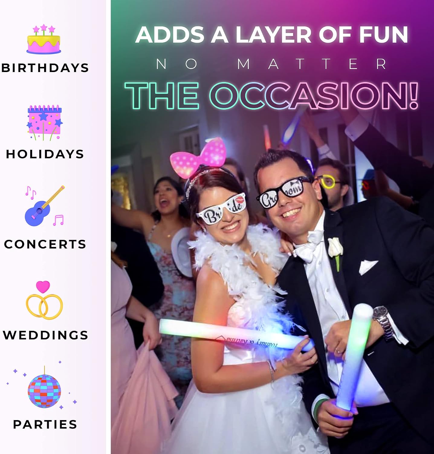 100 Pack - Multicolor LED Foam Sticks Glow Batons - 3 Modes - 18' - Great for Weddings and Parties
