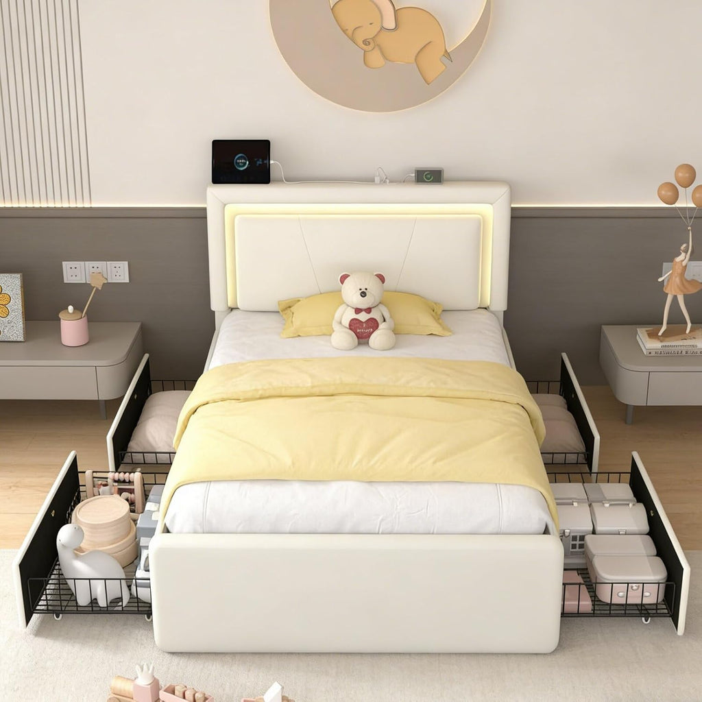 Twin Size Bed Frame with 4 Storage Drawers and LED Lights, Upholstered Platform Bed with Adjustable Headboard and Charging Station, Metal Slats Support, No Box Spring Needed,Easy Assembly, White