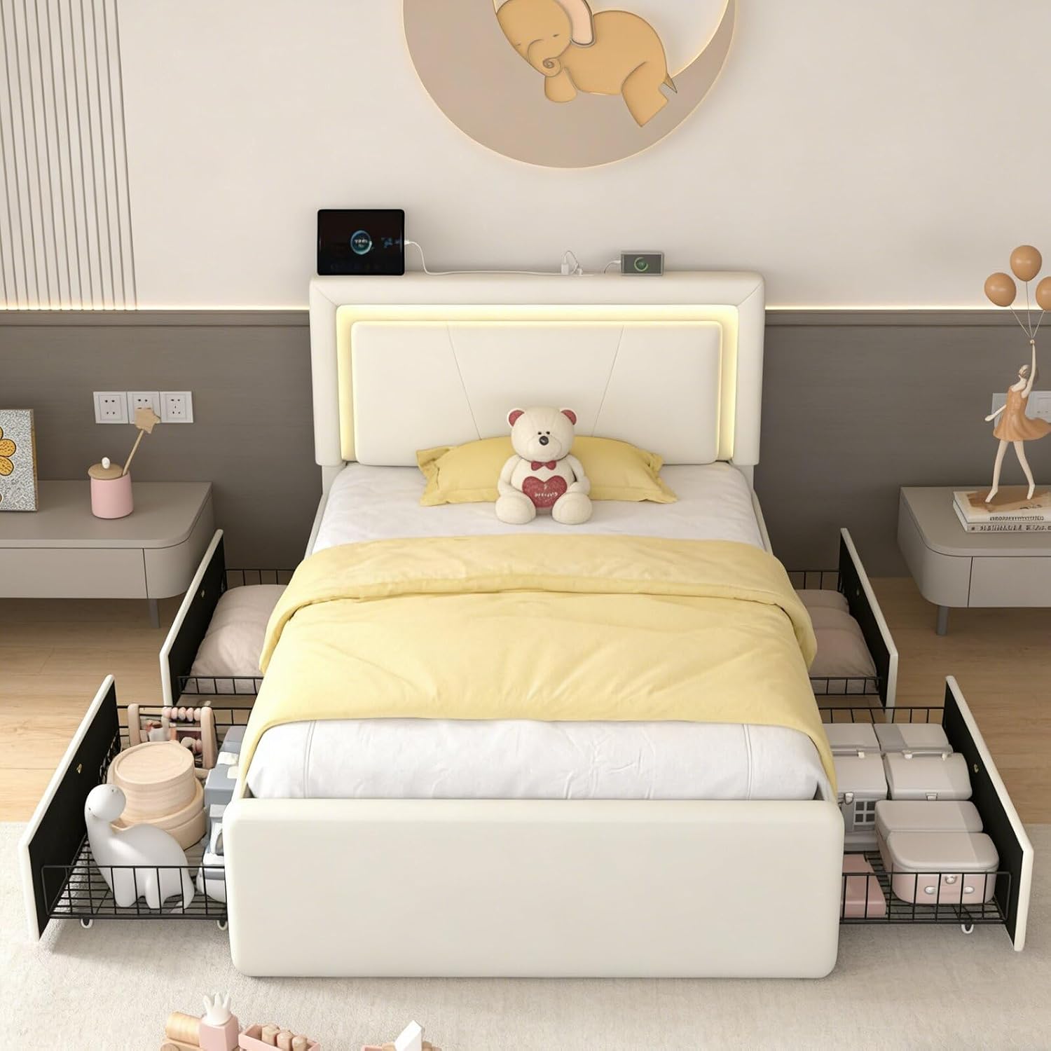 Twin Size Bed Frame with 4 Storage Drawers and LED Lights, Upholstered Platform Bed with Adjustable Headboard and Charging Station, Metal Slats Support, No Box Spring Needed,Easy Assembly, White
