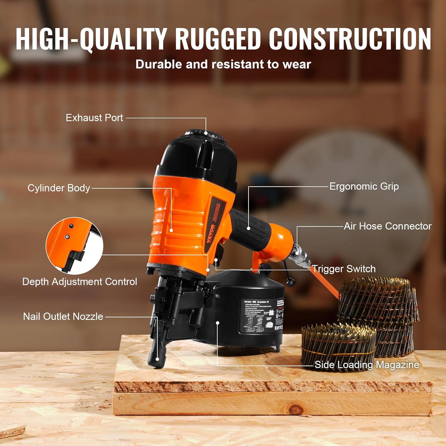VEVOR Coil Siding Nailer CN65, 1-1/4' to 2-1/2' 15 Degree Pneumatic Siding Nail Gun with Tool-Less Depth Adjustment, 70-120PSI Air Coil Nailer for Siding, Pallet Sheathing, Wooding, Fencing, Decking