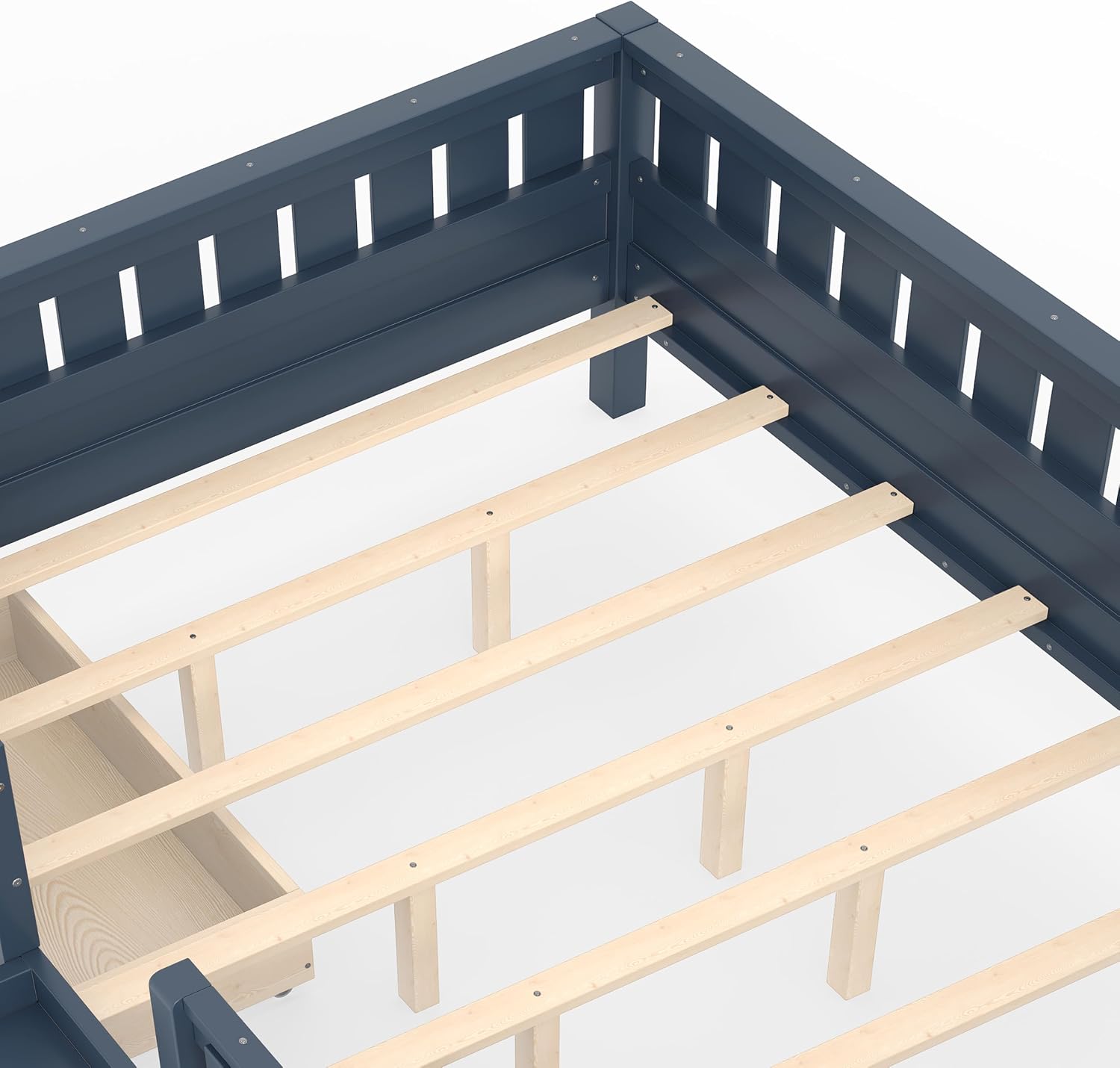 Bellemave Queen Size Bed with Slats and Stairs, Queen Size Platform Bed Frame with Fence, Bookshelf and Storage Drawers, Easy Assemble Beds for Girls, Boys, Blue