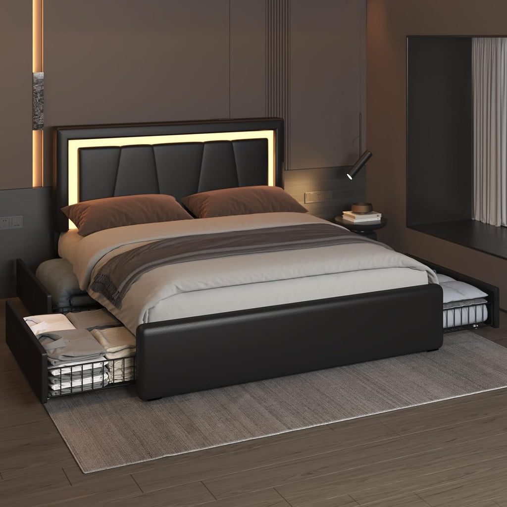 Benevika Full Bed Frame with 4 Storage Drawers and Adjustable Headboard, Upholstered Platform Bed with LED Lights and USB Ports, Solid Wooden Slats Support, Faux Leather, Easy Assembly, Black