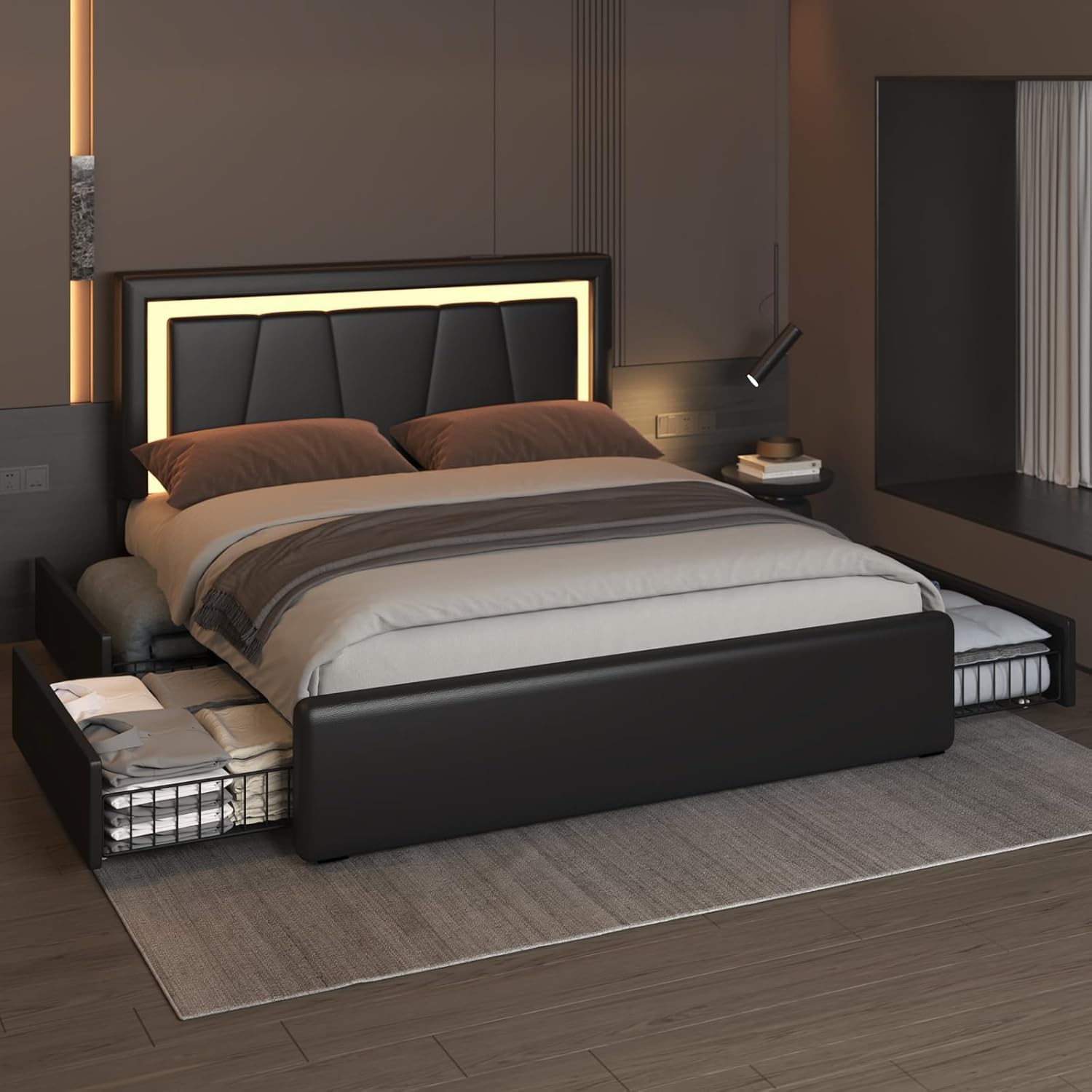 Benevika Full Bed Frame with 4 Storage Drawers and Adjustable Headboard, Upholstered Platform Bed with LED Lights and USB Ports, Solid Wooden Slats Support, Faux Leather, Easy Assembly, Black