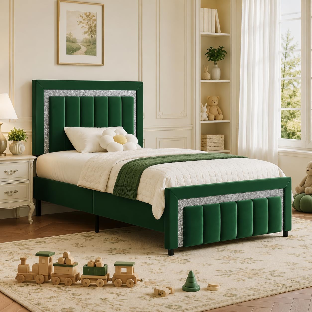 HOMBCK Twin Bed Frames, Twin Size Bed Frames with Upholstered Headboard and Footboard, Velvet Bed Frame with Wooden Salts, No Box Spring Required, Easy Assembly, Green