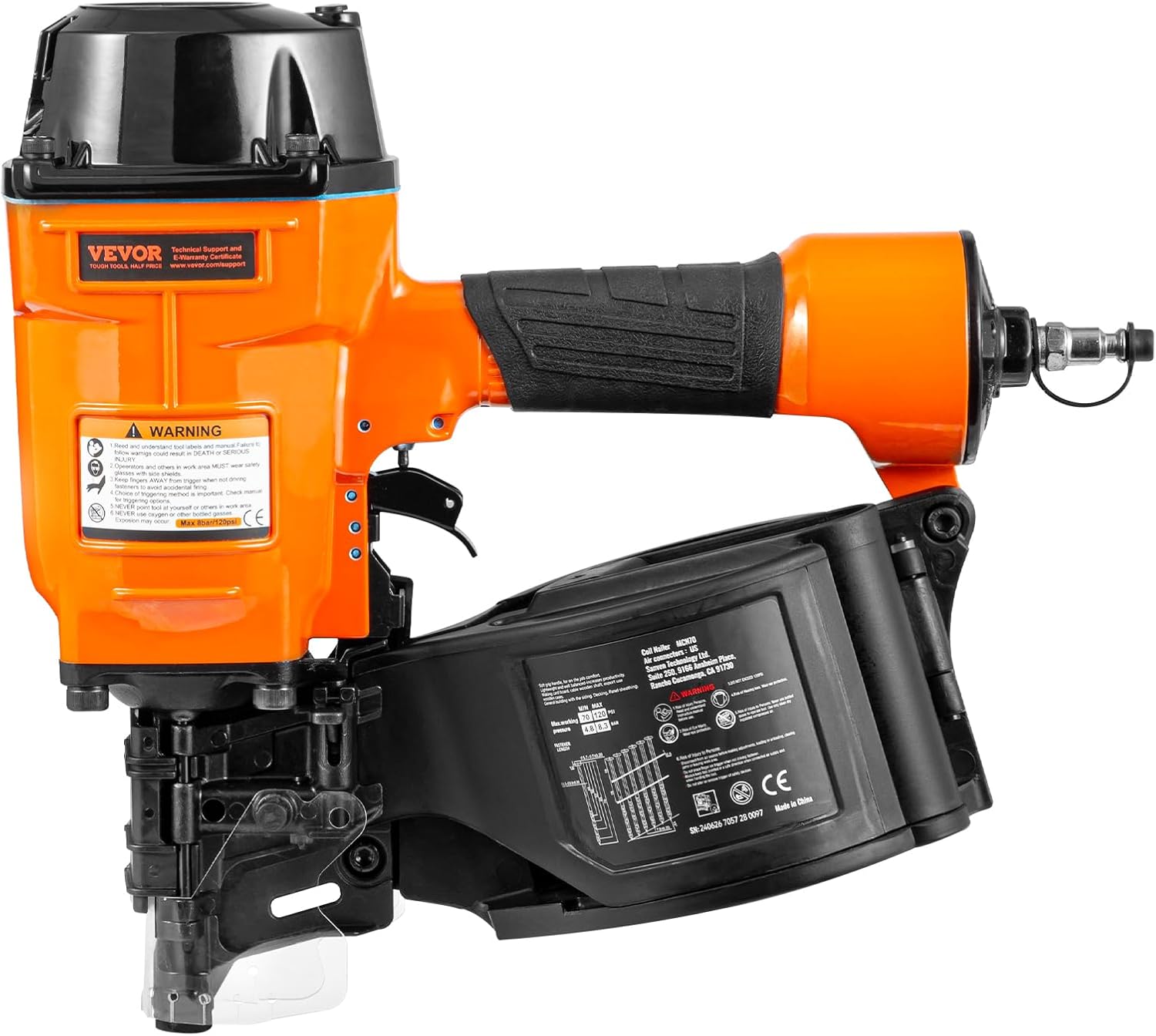 VEVOR Coil Siding Nailer MCN70, 1-3/4' to 2-3/4' 15 Degree Pneumatic Siding Nail Gun, 70-120PSI Air Coil Nailer for Pallet, Crating, Framing, Siding and Fencing