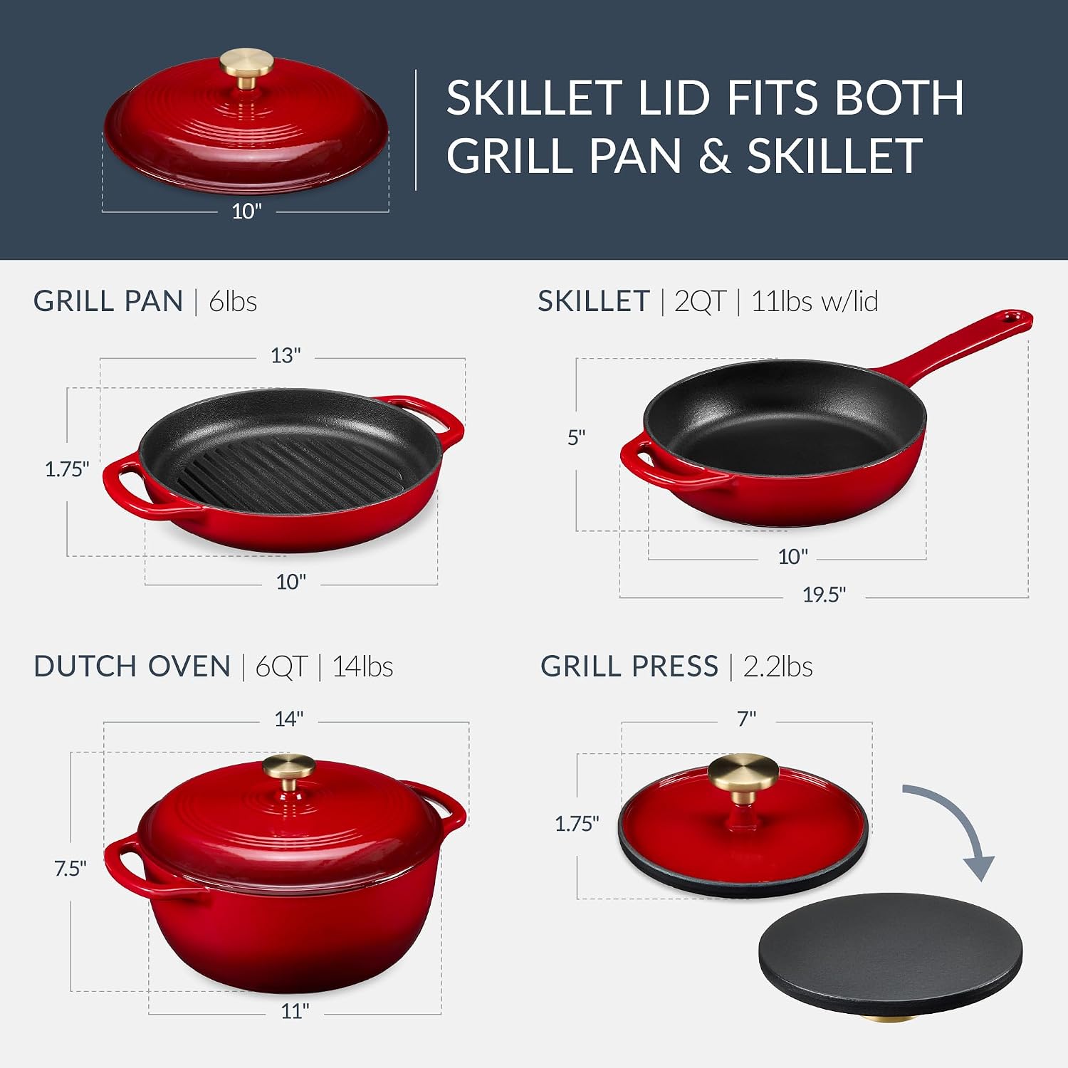 Best Choice Products Non-Stick Pot & Pan Cookware Set, Cast Iron, 2Qt Skillet W/Lid, 10' Grill Or Griddle Pan W/Press, 6Qt Enameled Dutch Oven, Non-toxic, For Cooking & Grilling - Red