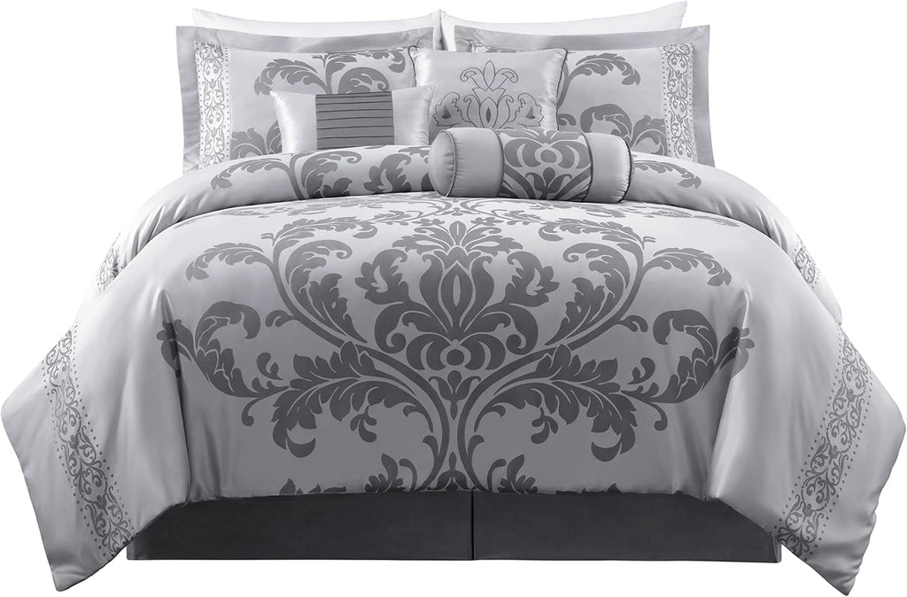 Chezmoi Collection Royale 7-Piece Jacquard Floral Comforter Set, Oversized King, Silver/Gray