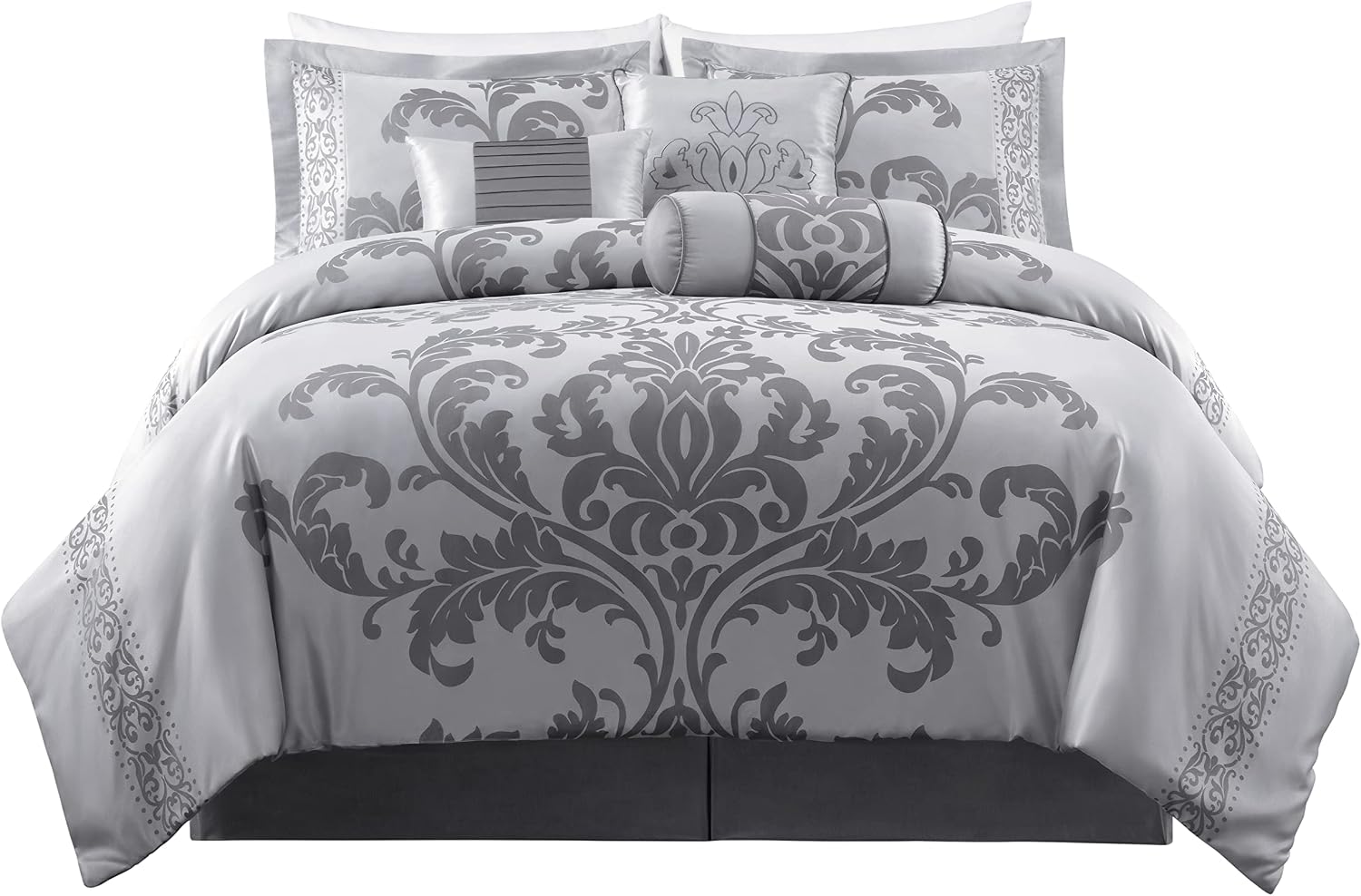 Chezmoi Collection Royale 7-Piece Jacquard Floral Comforter Set, Oversized King, Silver/Gray