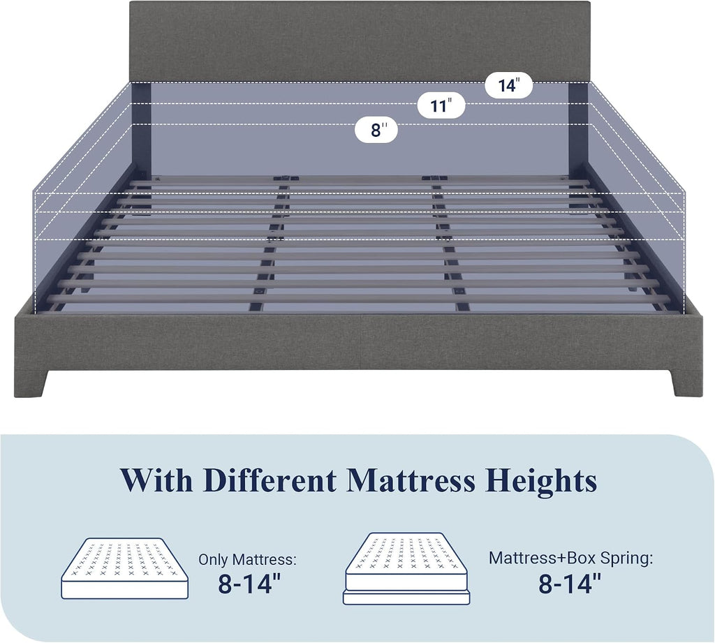 Allewie King Size Bed Frame with Adjustable Headboard, Upholstered Platform Bed with Wood Slats, Heavy Duty Mattress Foundation, No Box Spring Needed, Noise-Free, Easy Assembly, Dark Grey