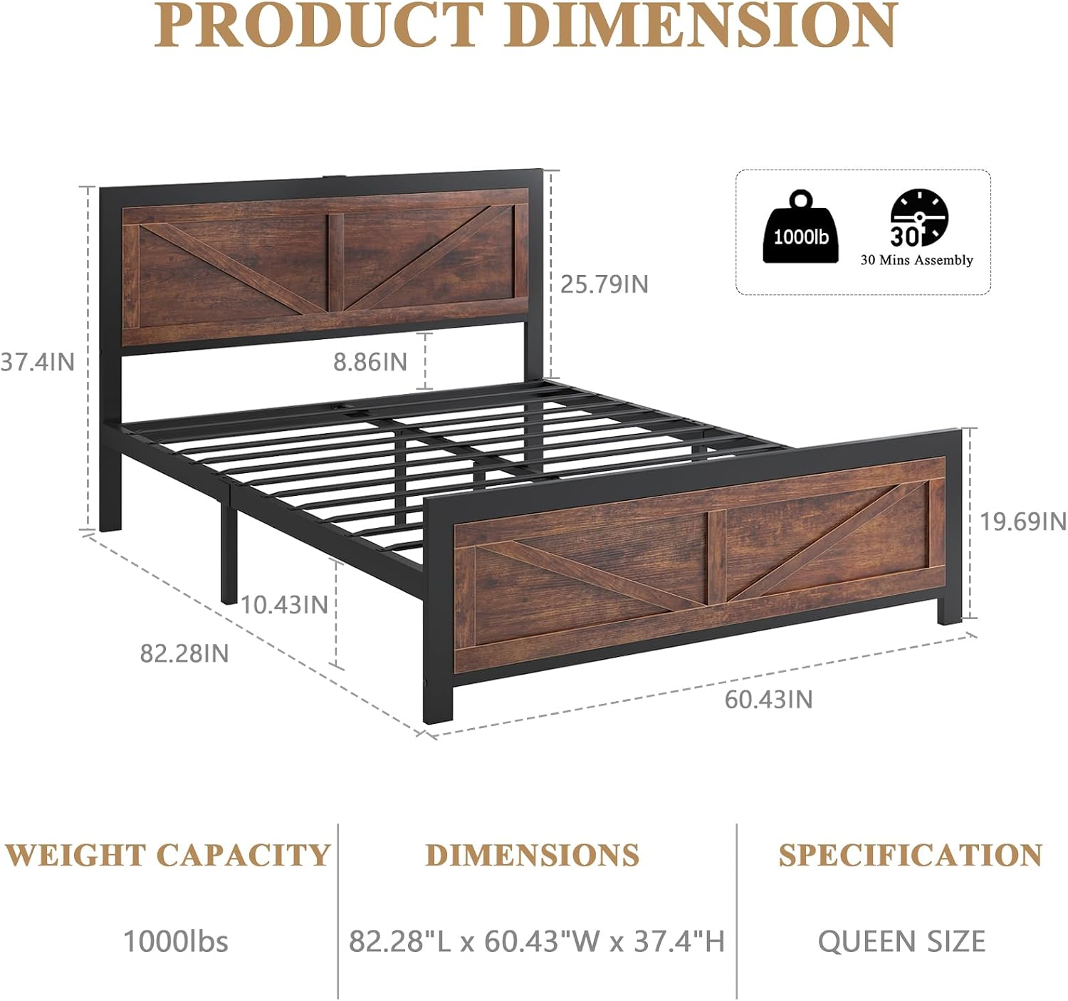 DOGIBIXO Led Bed Frame Queen Size with USB Charging Station, Industrial Platform Bed Frame with Farmhouse Barn Door Headboard, Strong Metal Slats Support, Noise Free, No Box Spring Needed, Brown