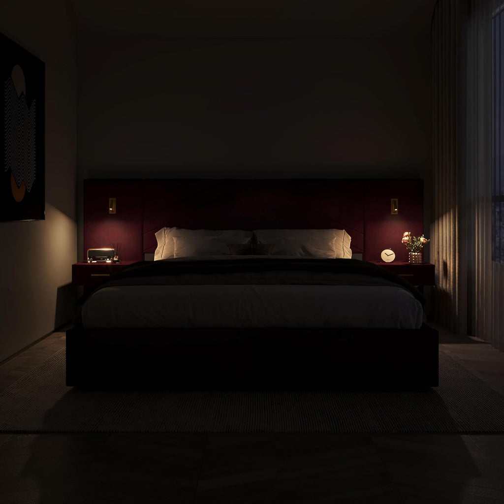 DEINPPA Luxury King Bed Frame with Built-in Gold LED Lights and Nightstands, King Size Platform Bed with Oversize Upholstered Headboard, No Box Spring Needed-Burgundy