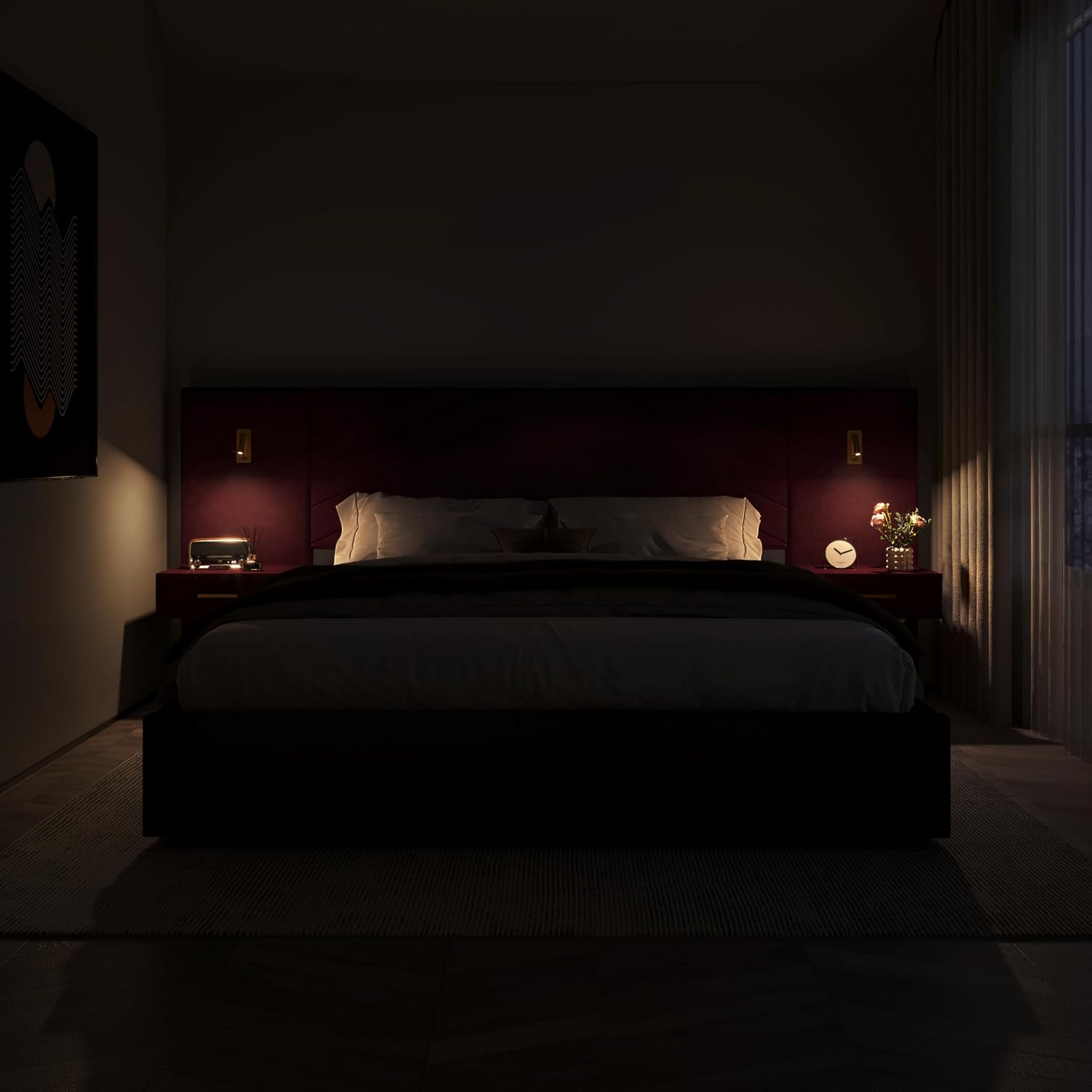 DEINPPA Luxury King Bed Frame with Built-in Gold LED Lights and Nightstands, King Size Platform Bed with Oversize Upholstered Headboard, No Box Spring Needed-Burgundy