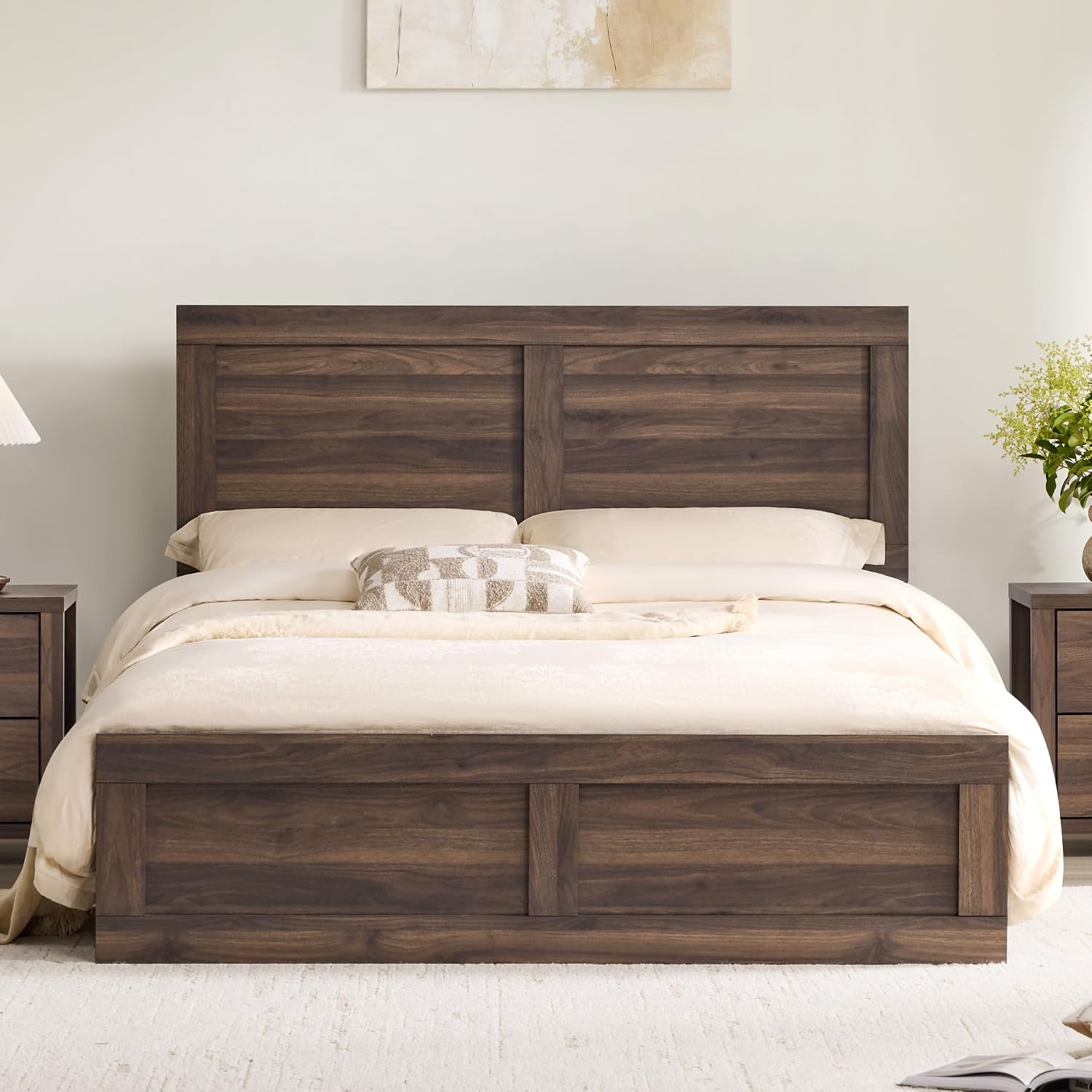 KISLOT 3 Pieces Bedroom Set, Full Size Wood Platform Bed Frame and 2 Nightstands, Storage Nightstand with Type-C Charging Port, Farmhouse Bedroom Furniture Set