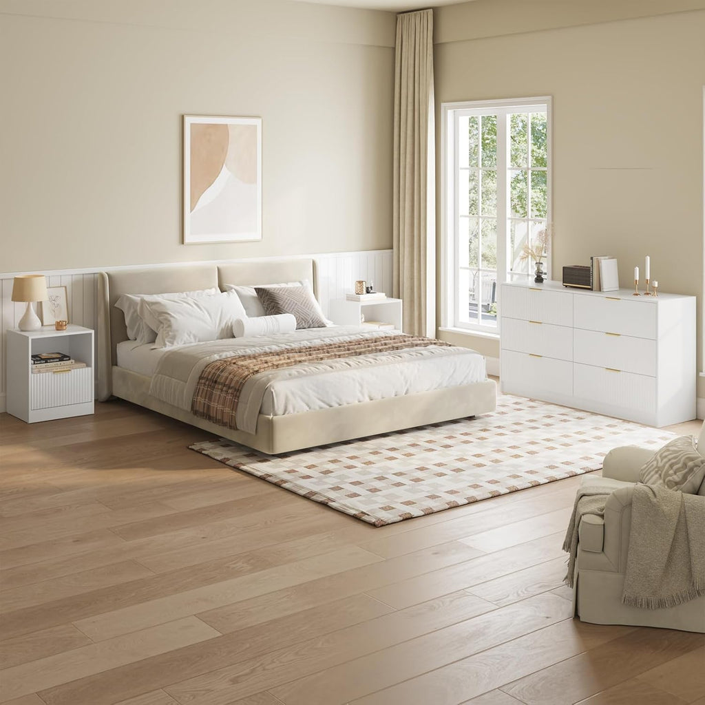 6 Drawer Dresser & Nightstand Set 3-Piece, 55' Wide Bedroom Set Night Stand Set of 2 with Metal Handle, Fluted Modern Wood Chest of Drawers Storage Dressers Set for Bedroom, White