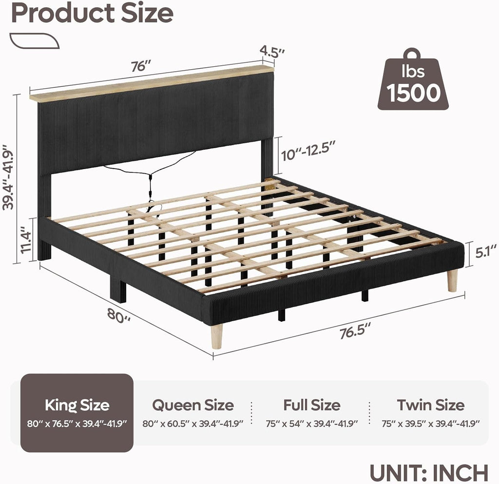 Bestier King Bed Frame with Adjustable Headboard & LED Lighting, Corduroy Upholstered Platform Bed Frame with Storage Shelf, Solid Wood Slats, No Box Spring Needed, Never Squeak, Easy Assembly, Black