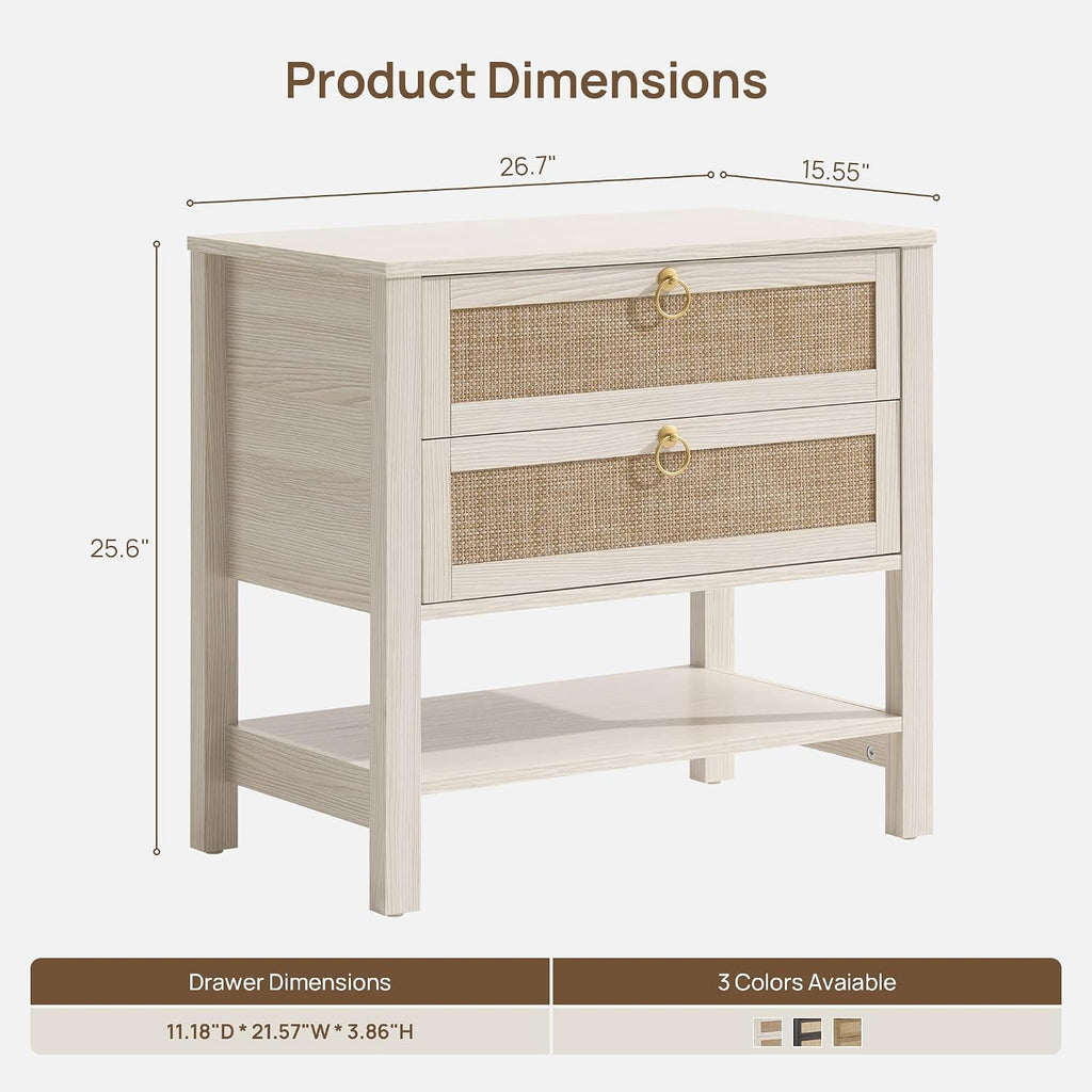 SICOTAS Boho Rattan Nightstand Set of 2, 26.7' Extra Wide Bedside Table with 2 Drawers & Open Shelf, White Oak Large Side Table for King Size Bed, Modern Coastal End Table for Master Bedroom