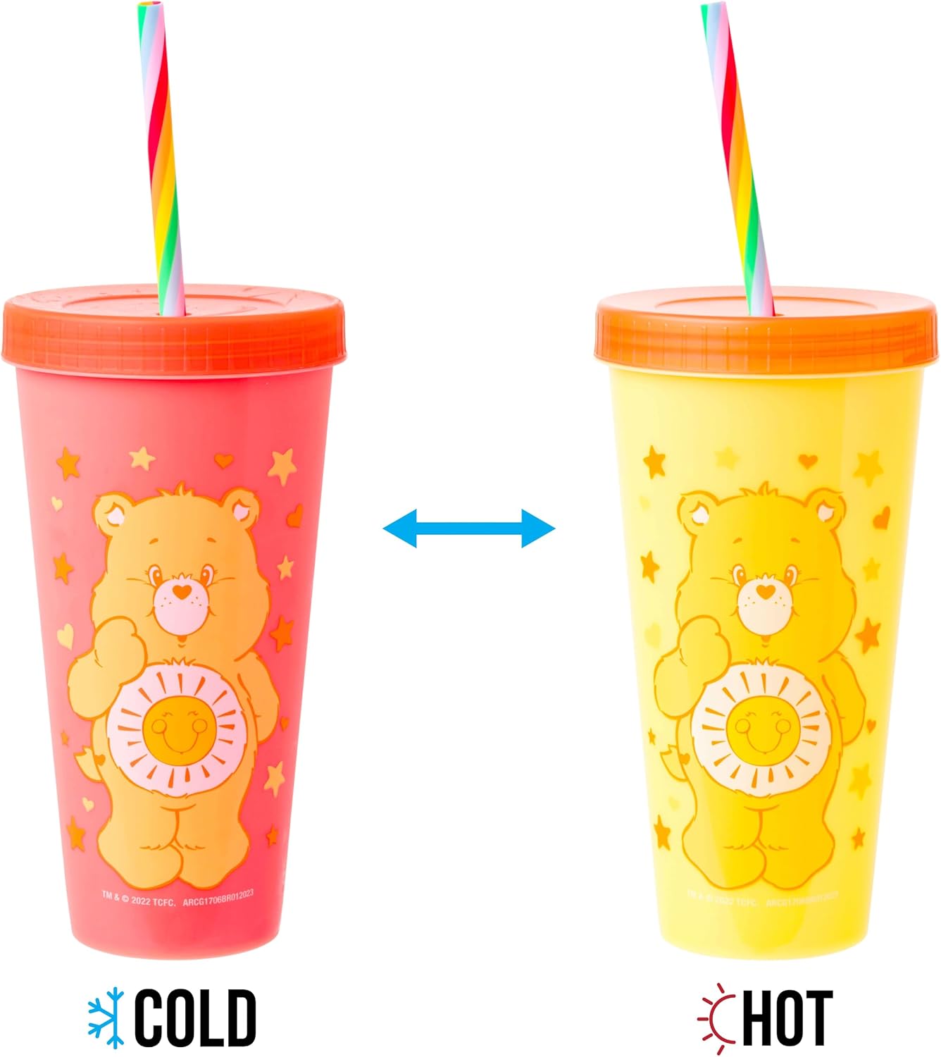 Silver Buffalo Care Bears Hearts and Stars 4 count Plastic Color Changing Tumblers with Rainbow Swirl Straws Featuring Tenderheart, Funshine, Cheer, and Grumpy Bear 24 Ounces (Pack of 12)