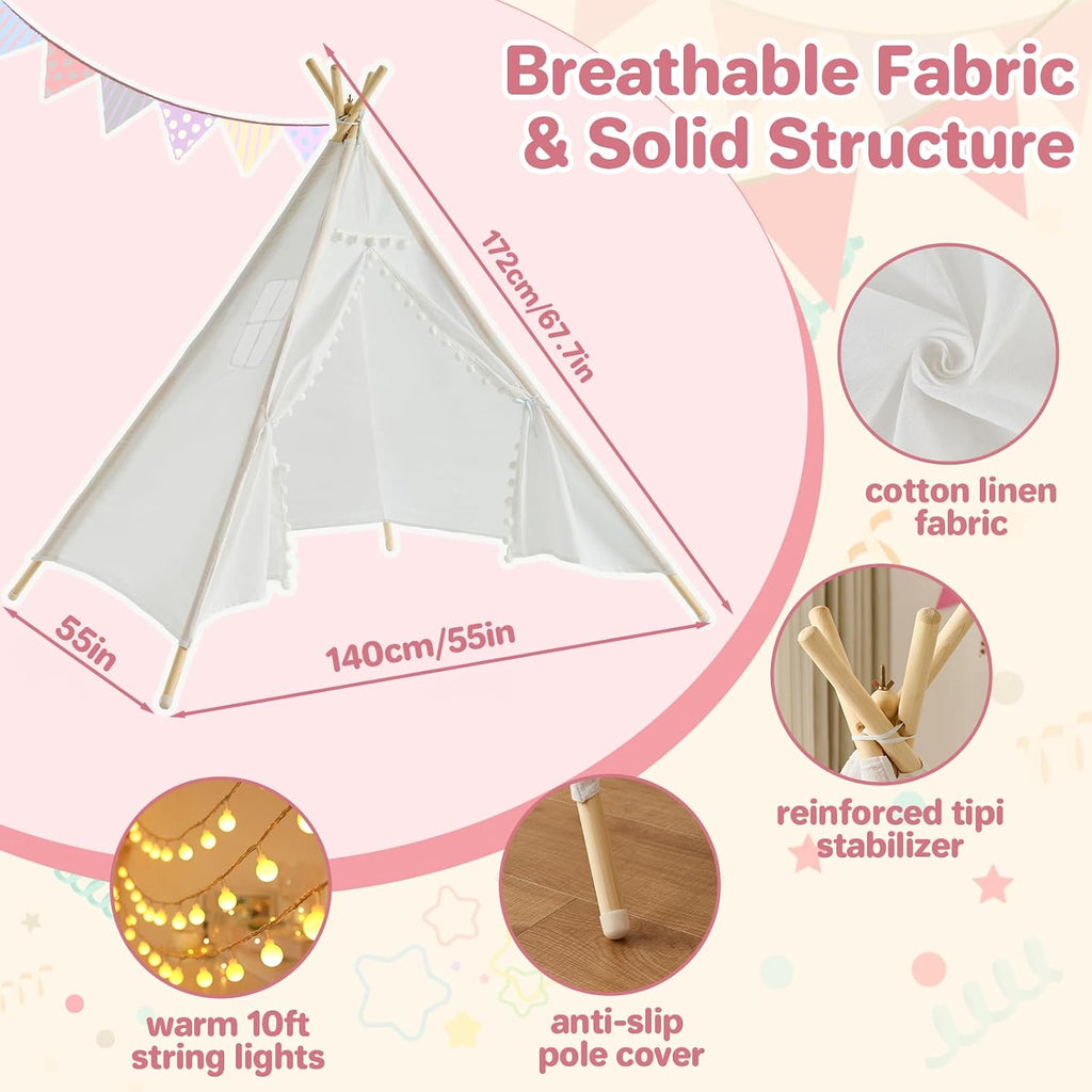 8 Pack Teepee Tent for Kids with Lights, Cotton Indoor Play Teepee with Pompom for Girls & Boys, Sleepover Tents for Boho Slumber Spa Party