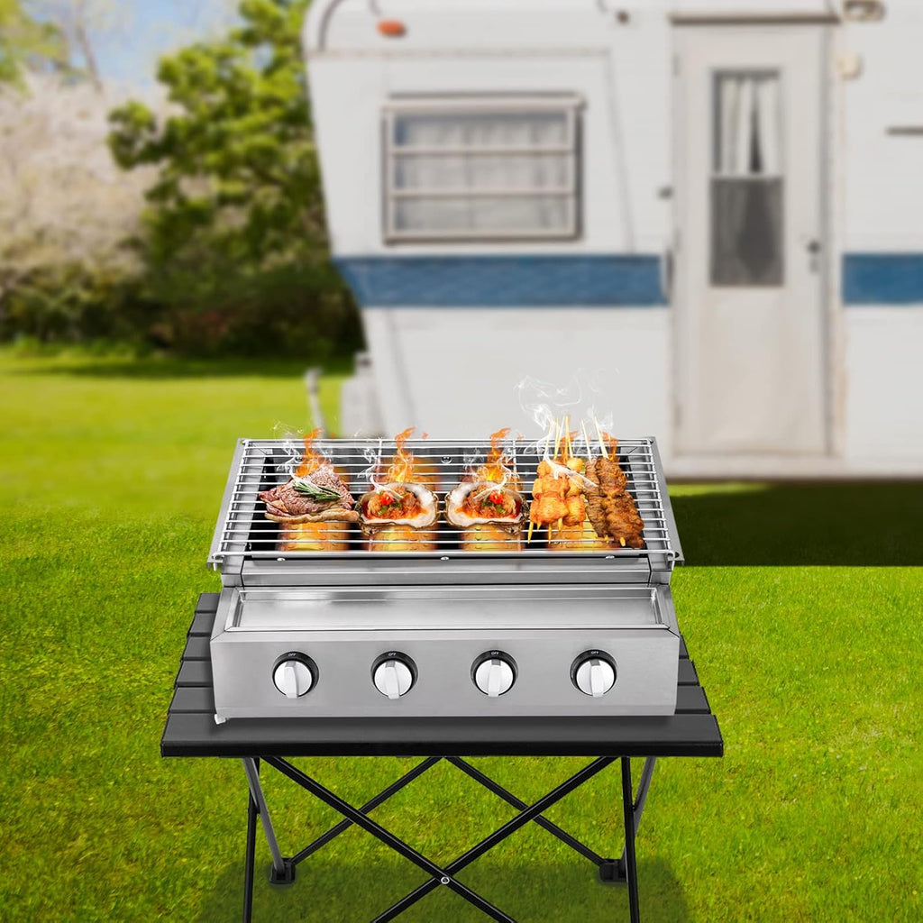 4 Burners Portable Gas Grill Tabletop Smokeless Stainless Steel Gas BBQ Grill with Griddle Independent Ignition,Propane LPG Grill for Outdoor Camping Picnic Kitchen (22.8 * 15.7 * 7.9in- 4 Burners)