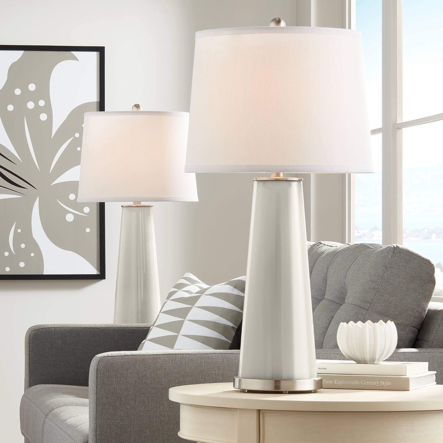 Color + Plus Leo 29 1/2' Tall Modern End Table Lamps Set of 2 Requisite Gray Finish Glass Fabric White Shade Living Room Bedroom Bedside Nightstand House Office Home Reading Kitchen Entryway Console