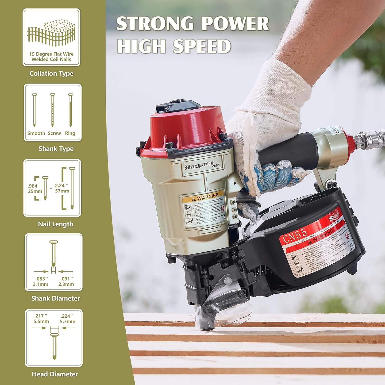 Maxparts Coil Nail Gun CN55, 1 Inch To 2-1/4-Inch Pneumatic Nail Gun, Siding Nailer with Rapid Shooting Engine for Pallet, Crating, Framing, Fencing