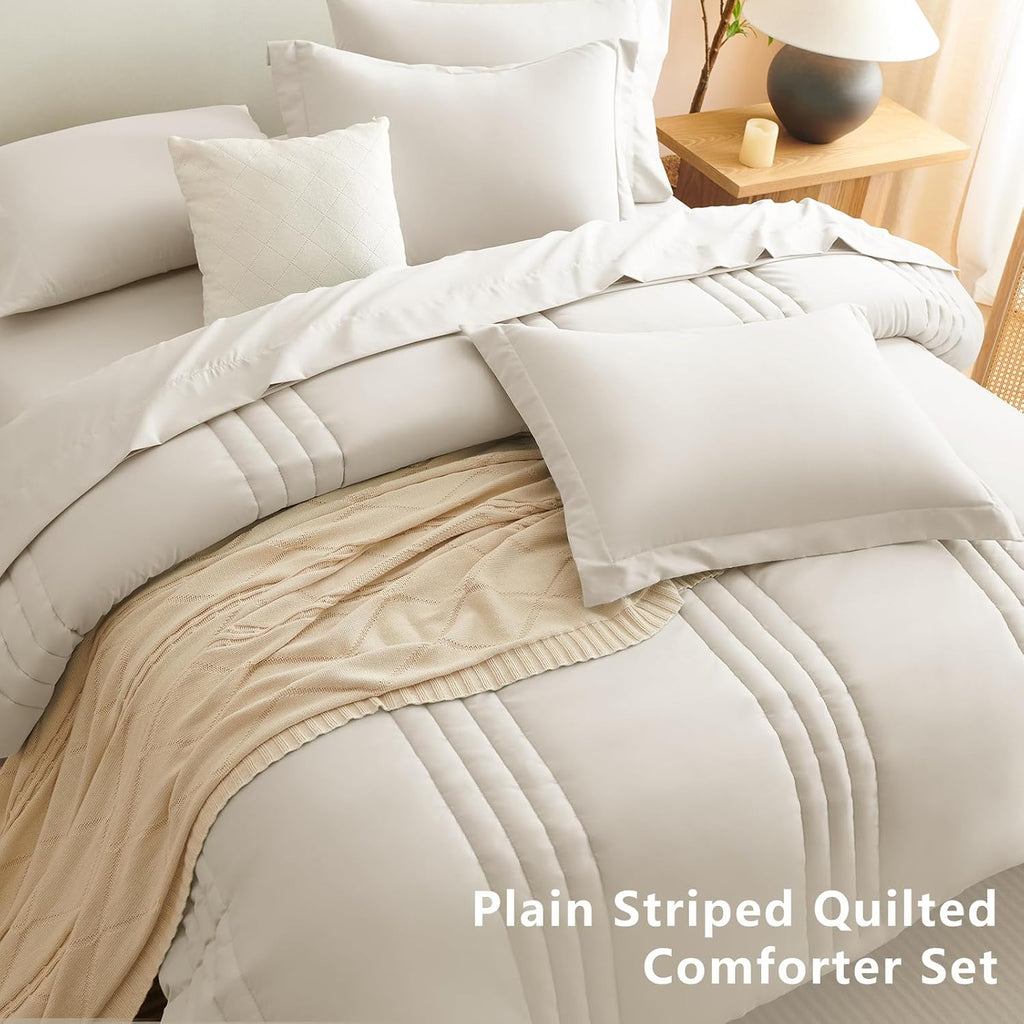 CozyLux Super King Plus Comforter Set Beige - 7 Pieces Bed in a Bag, Modern Vertical Quilted Room Decor, Soft All-Season Bedding Gift with Comforter, Sheets, Pillowcases & Shams