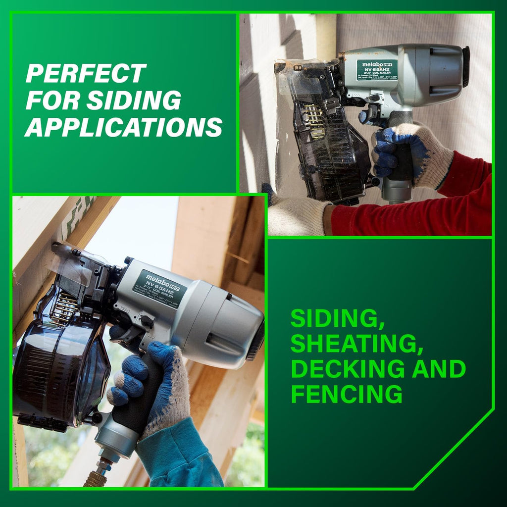 Metabo HPT Coil Siding Nailer, Pro-preferred Pneumatic Power Nailers in Siding Tools, For Sheathing, Decking & Fencing, 15° Plastic Collated Nails and 16° Wire Coil Nails, NV65AH2