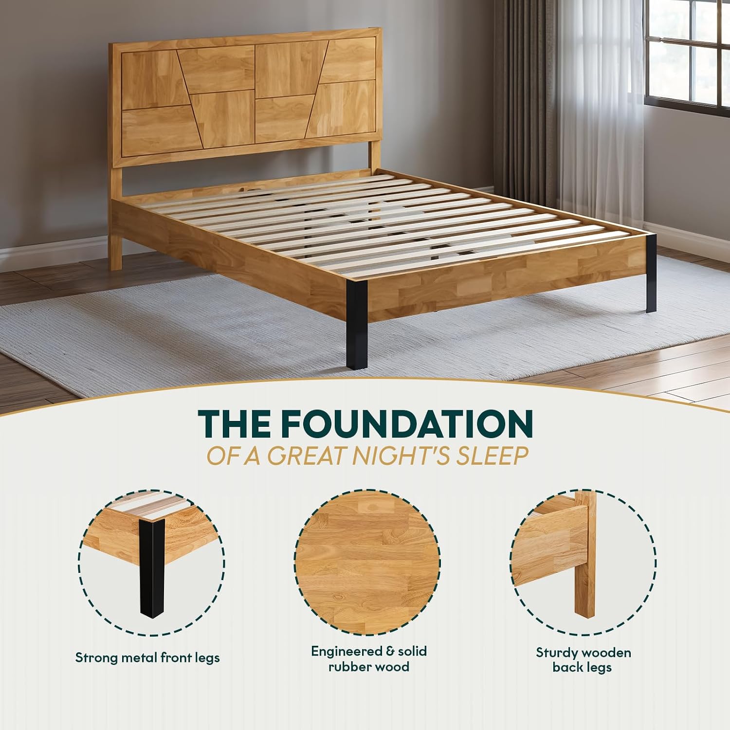 Bme Trapeze Queen Bed Frame – Modern Solid Wood Bed with Smooth Pattern Headboard, Black Metal Legs, Light Natural Finish – Durable Queen Size Platform Bed for Contemporary Bedrooms