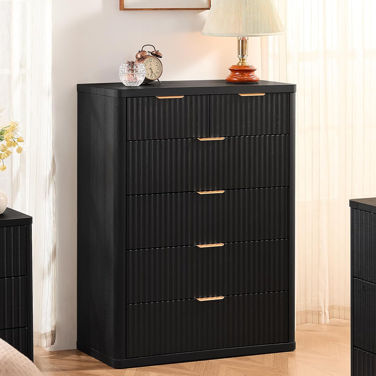 LEYAOYAO 42' Tall Fluted Dresser and 3 Drawers 23' Nightstand Set of 2, Wooden Dresser & Night Stand with Charging Station, 3 Piece Bedroom Furniture Set, Wood Chest of Drawer for Living Room,Black