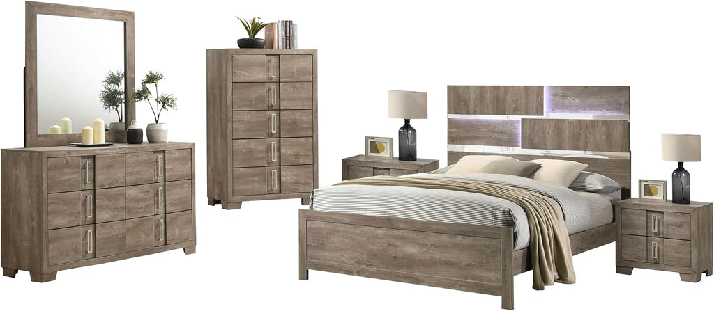 Kings Brand Furniture Dawson Modern 6-Piece King Size Farmhouse Style Bedroom Set in Light Brown Finish - Bed with LED Lights, Dresser, Mirror, Chest & 2 Nightstands