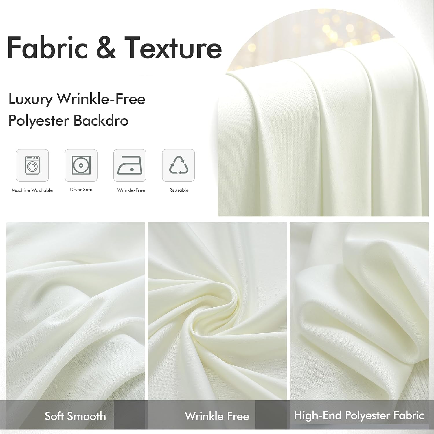50ftx12ft Wrinkle Free Ivory Backdrop Curtain, 10 Panels 12FT Height Ivory Wedding Backdrop Drapes, Silky Polyester Back Drop Cloth for Birthday Photography Background Party Backdrop Draping