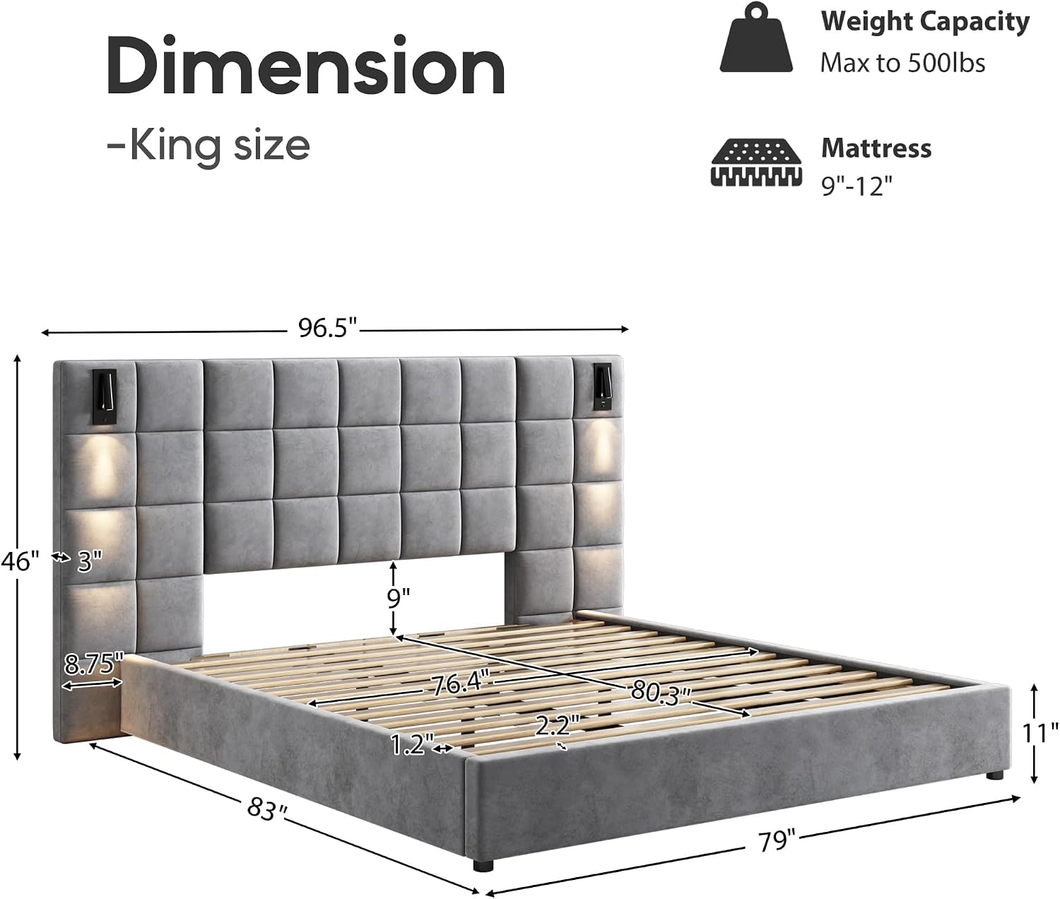 King Platform Bed Frame with 2 Nightstands Set of 1+2, Elegant Velvet Upholstered Bed with Grid Pattern Padded Headboard, 2 LED Wall Sconces & USB Ports, No Box Spring Needed, Pearl Grey