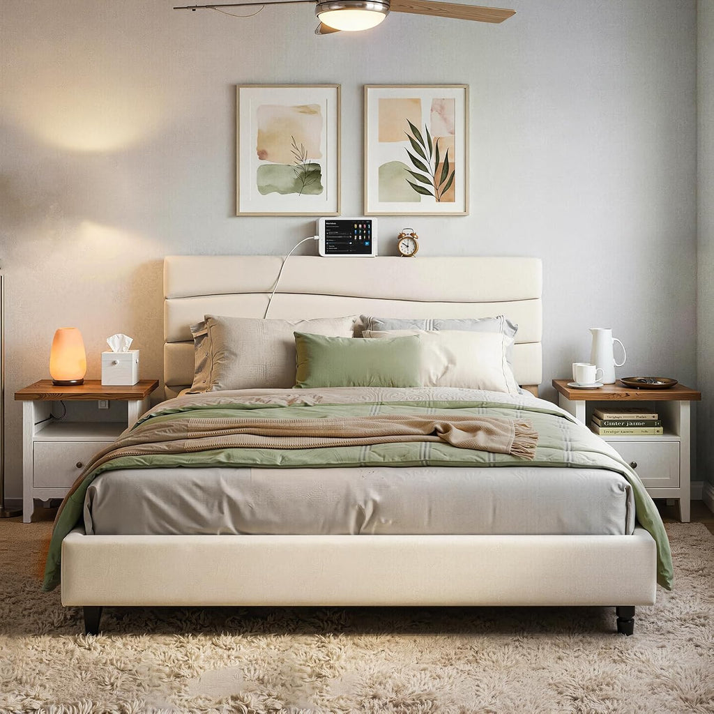 EnHomee King Bed Frame with Adjustable Height Headboard, 3 USB Charging Ports, Upholstered Platform Bed for Bedroom Apartment Dorm, Noise-Free, No Box Spring Needed, Beige