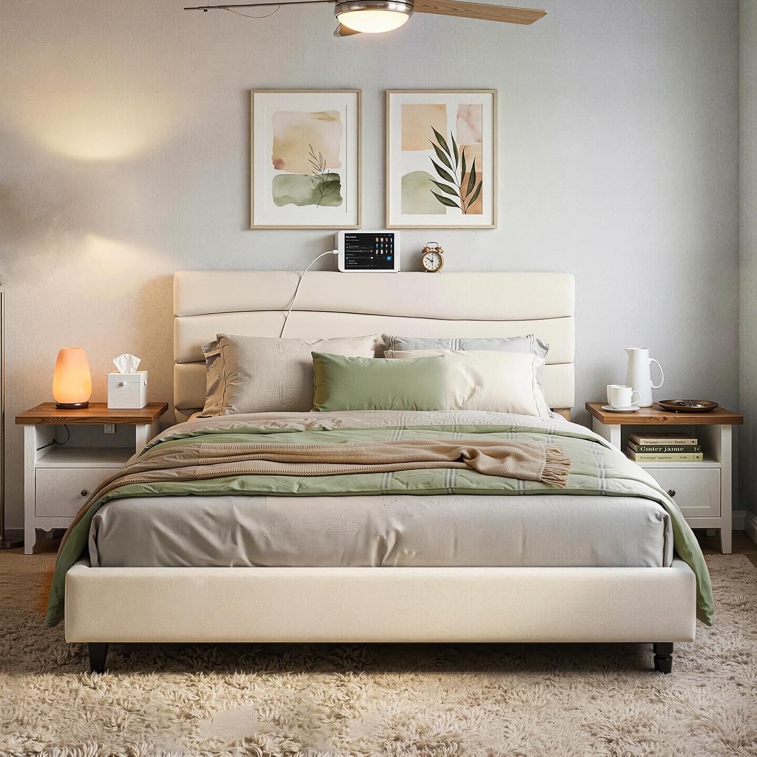 EnHomee King Bed Frame with Adjustable Height Headboard, 3 USB Charging Ports, Upholstered Platform Bed for Bedroom Apartment Dorm, Noise-Free, No Box Spring Needed, Beige