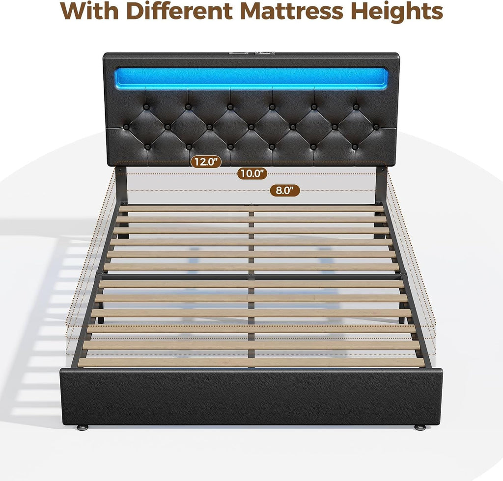 Rolanstar Full Size Bed Frame with Charging Station, LED Bed with Under Bed Storage, Adjustable Headboard 38.9/40.8 Inches, No Box Spring Needed, Noise Free, Easy Assembly, Black