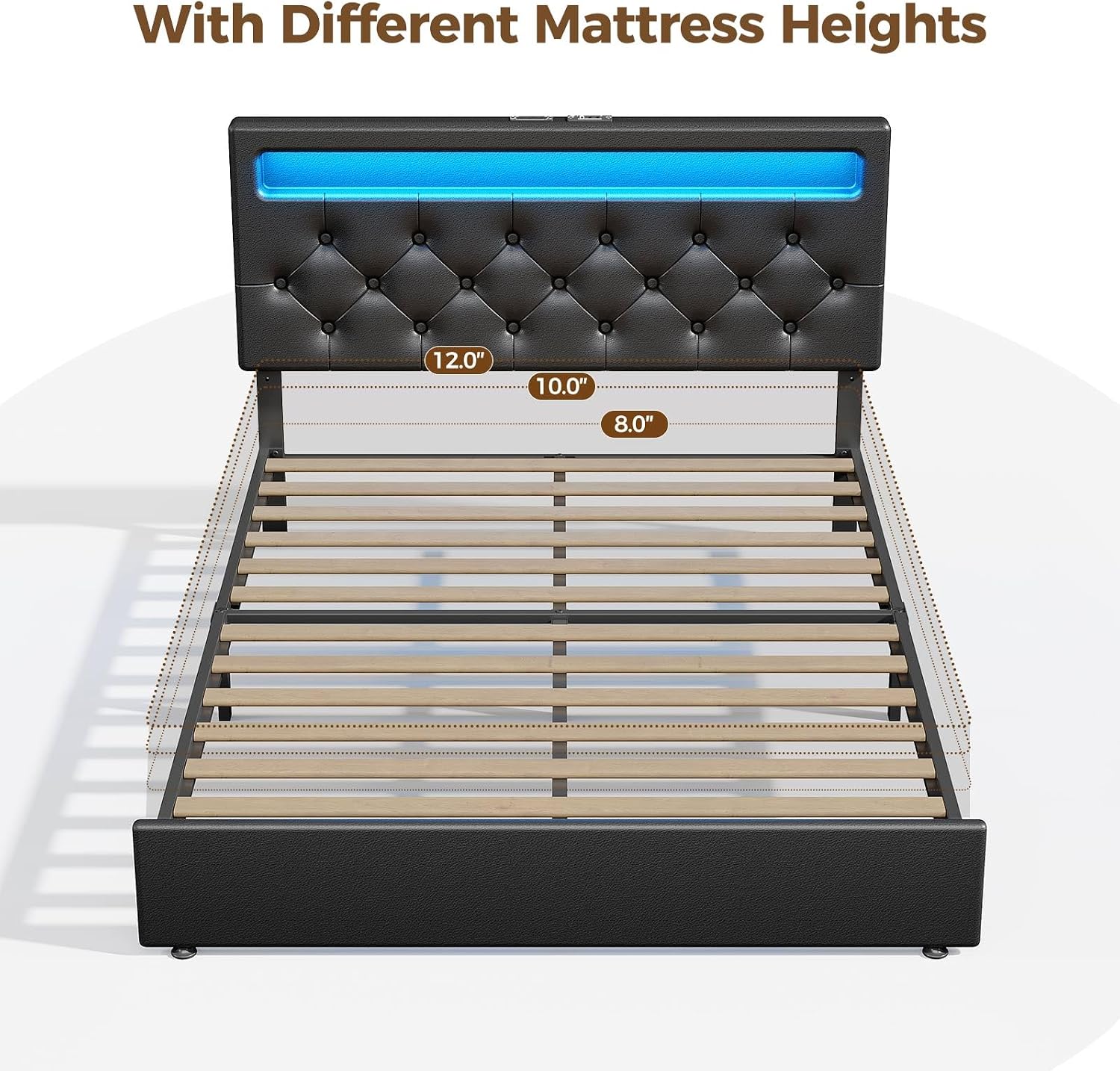 Rolanstar Full Size Bed Frame with Charging Station, LED Bed with Under Bed Storage, Adjustable Headboard 38.9/40.8 Inches, No Box Spring Needed, Noise Free, Easy Assembly, Black