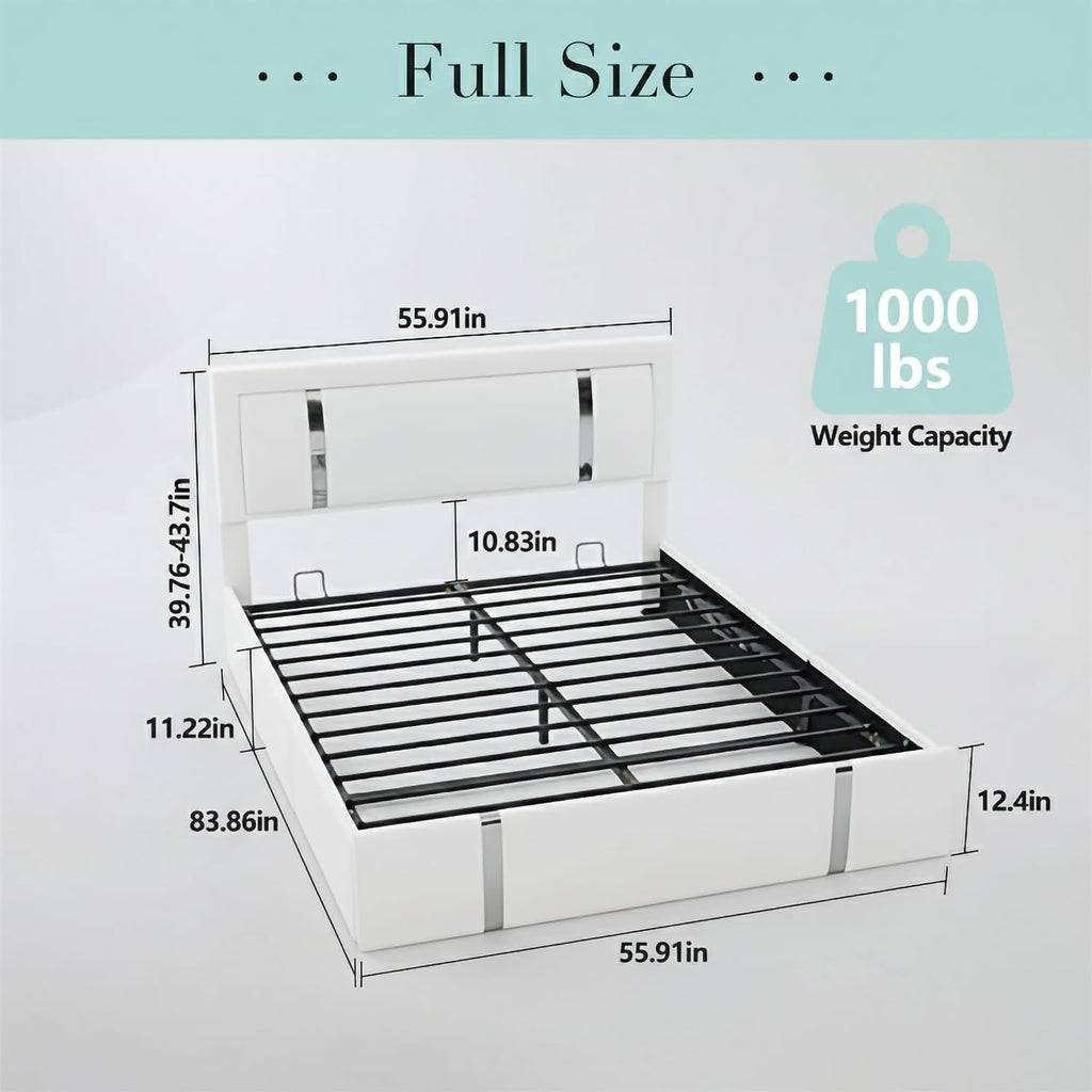 JIJIWANG Full Size Lift Up Storage Platform Bed with USB Charging Ports and Adjustable LED Lights Headboard, Faux Leather Upholstered Platform Bed, Metal Slats Support, White