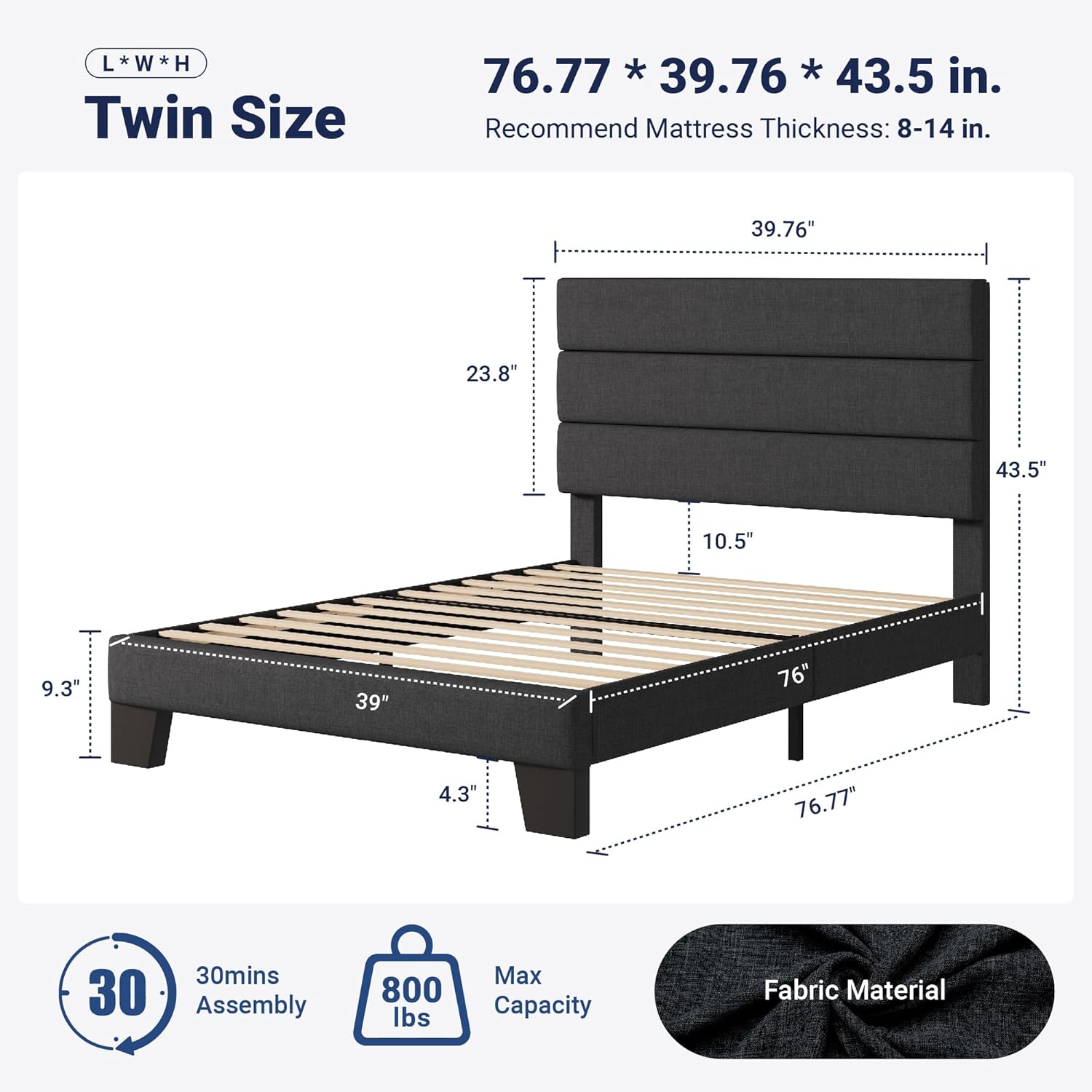 Allewie Twin Size Platform Bed Frame with Fabric Upholstered Headboard and Wooden Slats Support, Fully Upholstered Mattress Foundation/No Box Spring Needed/Easy Assembly, Dark Grey