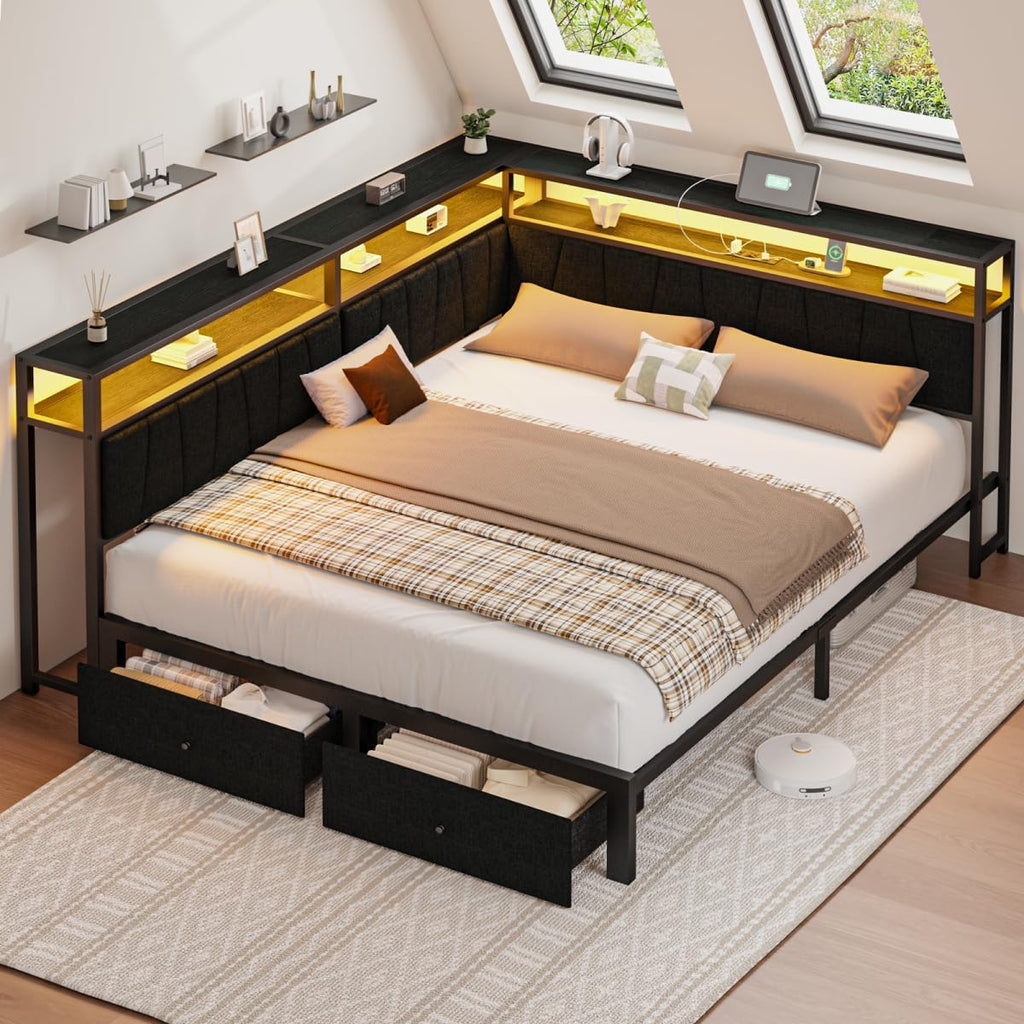 Full Corner Bed Frame with Storage Drawers, Modern Daybed with LED Lights and Charging Station, Metal Platform Bed Frame Full Size with Linen Upholstered Guardrail for Dorm Bedroom, Black