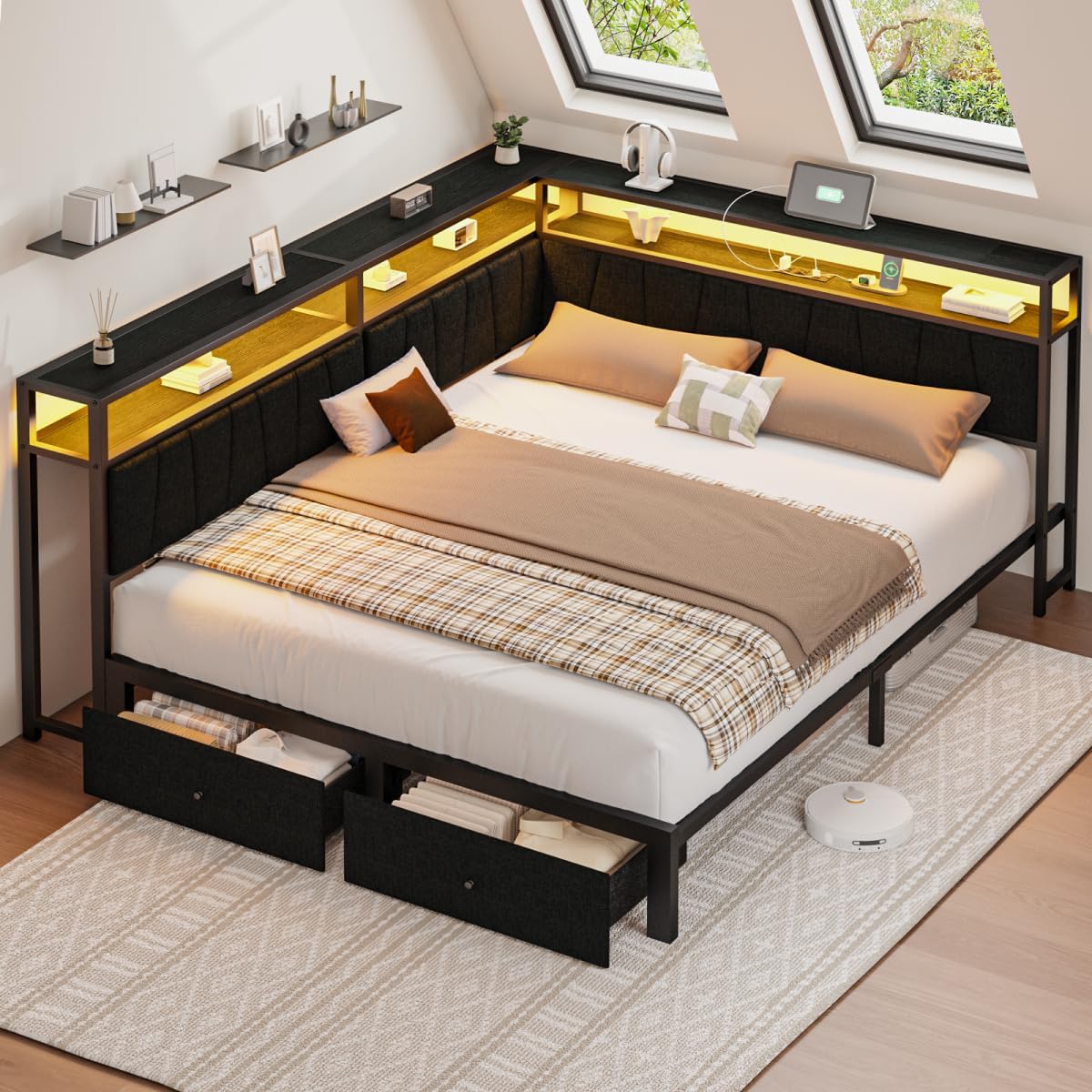 Full Corner Bed Frame with Storage Drawers, Modern Daybed with LED Lights and Charging Station, Metal Platform Bed Frame Full Size with Linen Upholstered Guardrail for Dorm Bedroom, Black