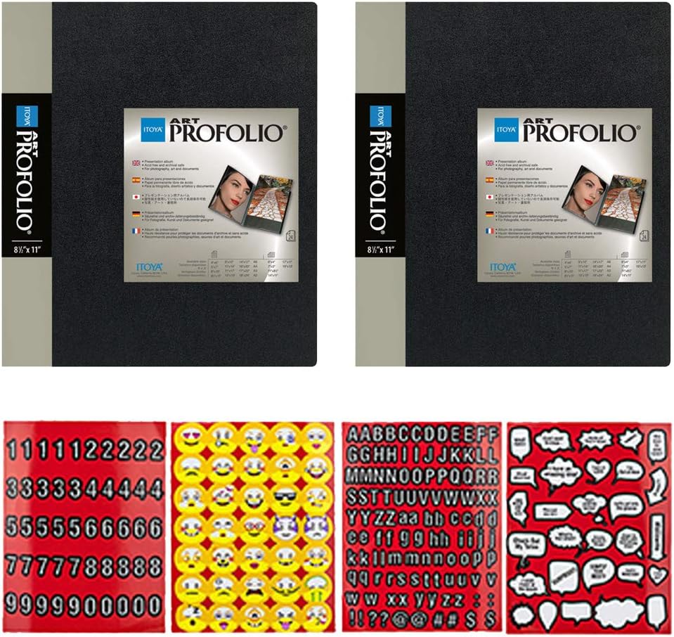 ITOYA 18 x 24 inches Original Art Presentation Book/Portfolio- for Art, Photography, and Documents - Pack of 2 + Scrapbooking Stickers 4 Pages of Emojis, Quotes, Letters & Numbers