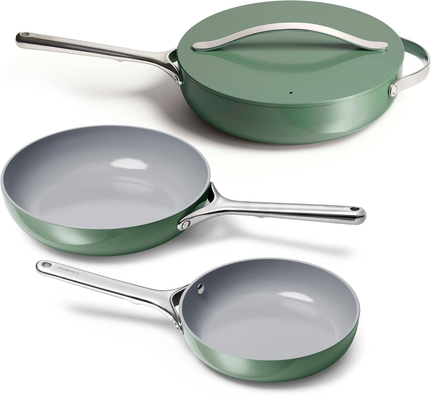 Caraway 4-Piece Fry Pan Set - Non-Stick Frying Pans (10.5' & 8') & Non-Stick Sauté Pan - Non Toxic, PTFE & PFOA Free - Oven Safe & Compatible with All Stovetops (Gas, Electric & Induction) - Sage