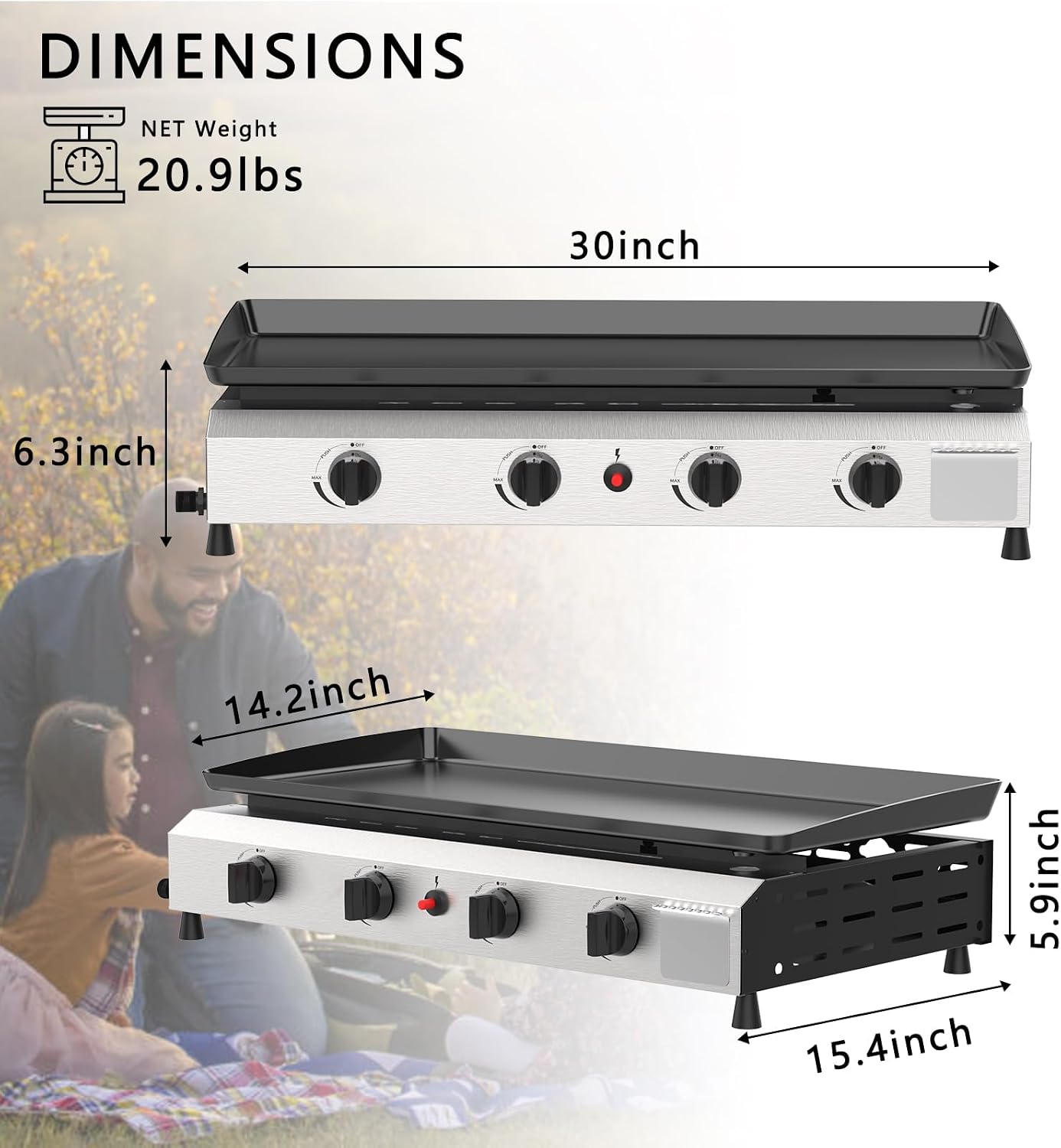 SKOK 4 Burner Flat Top Gas Griddle-30 Inch Outdoor Propane Griddle-40000 BTU Propane Fuelled, Portable Gas Grill Camping Griddle Station for Kitchen, BBQ, Camping