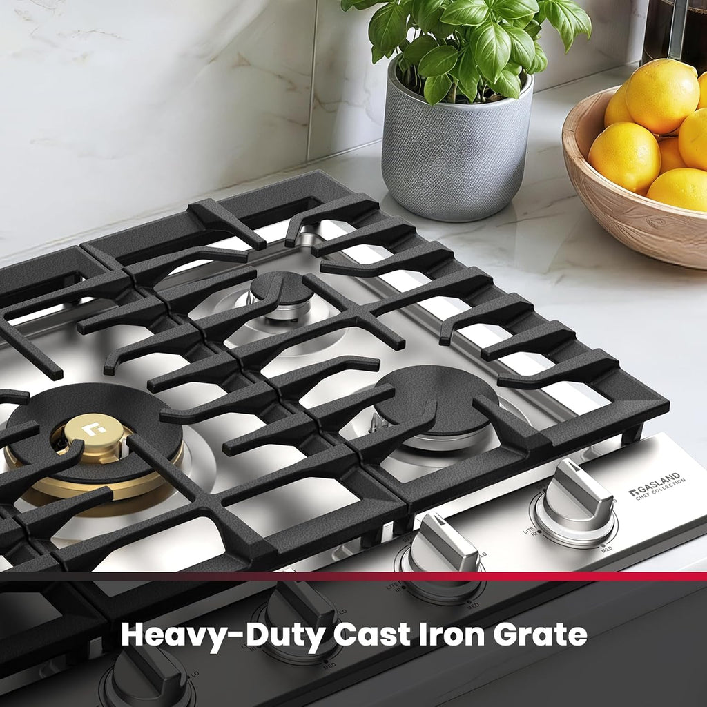 GASLAND Chef Collection Heavy Duty Gas Cooktop 30 Inch, 5 Burner NG/LPG Stovetop with Reversible Cast Iron Grill/Griddle, Gas Countertop Plug-in, NG/LPG Convertible, Stainless Steel