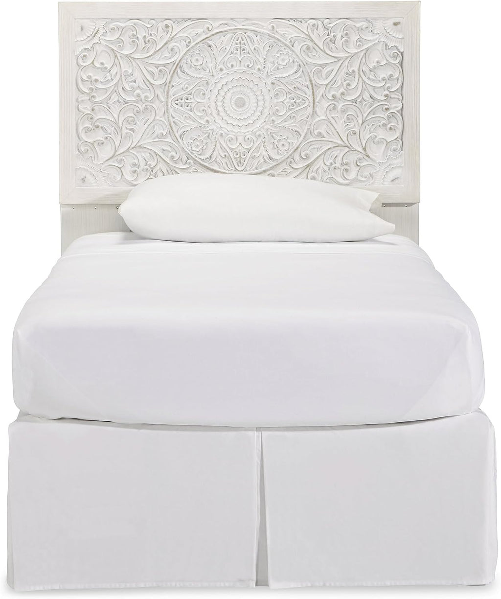 Signature Design By Ashley Paxberry Twin Boho Headboard, Wood, 48.5' High, Whitewash Replicated Worn Through Paint, Carved Medallion, Adjustable Height, Distressed White (Headboard Only)