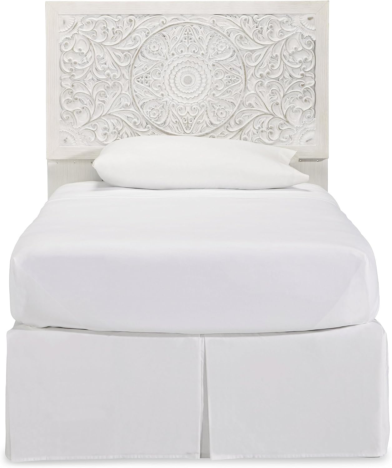 Signature Design By Ashley Paxberry Twin Boho Headboard, Wood, 48.5' High, Whitewash Replicated Worn Through Paint, Carved Medallion, Adjustable Height, Distressed White (Headboard Only)