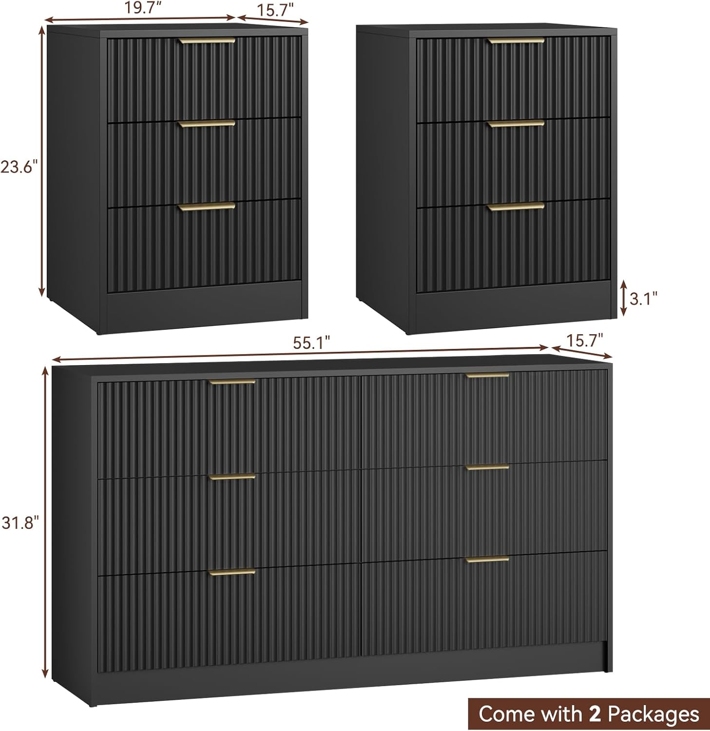 Black Fluted Dresser & Nightstand Set 3-Piece, Long 6 Drawer Dresser and Night Stand Set of 2 with Metal Handle, Fluted Modern Wood Chest of Drawers Storage Dressers Set for Bedroom, Black