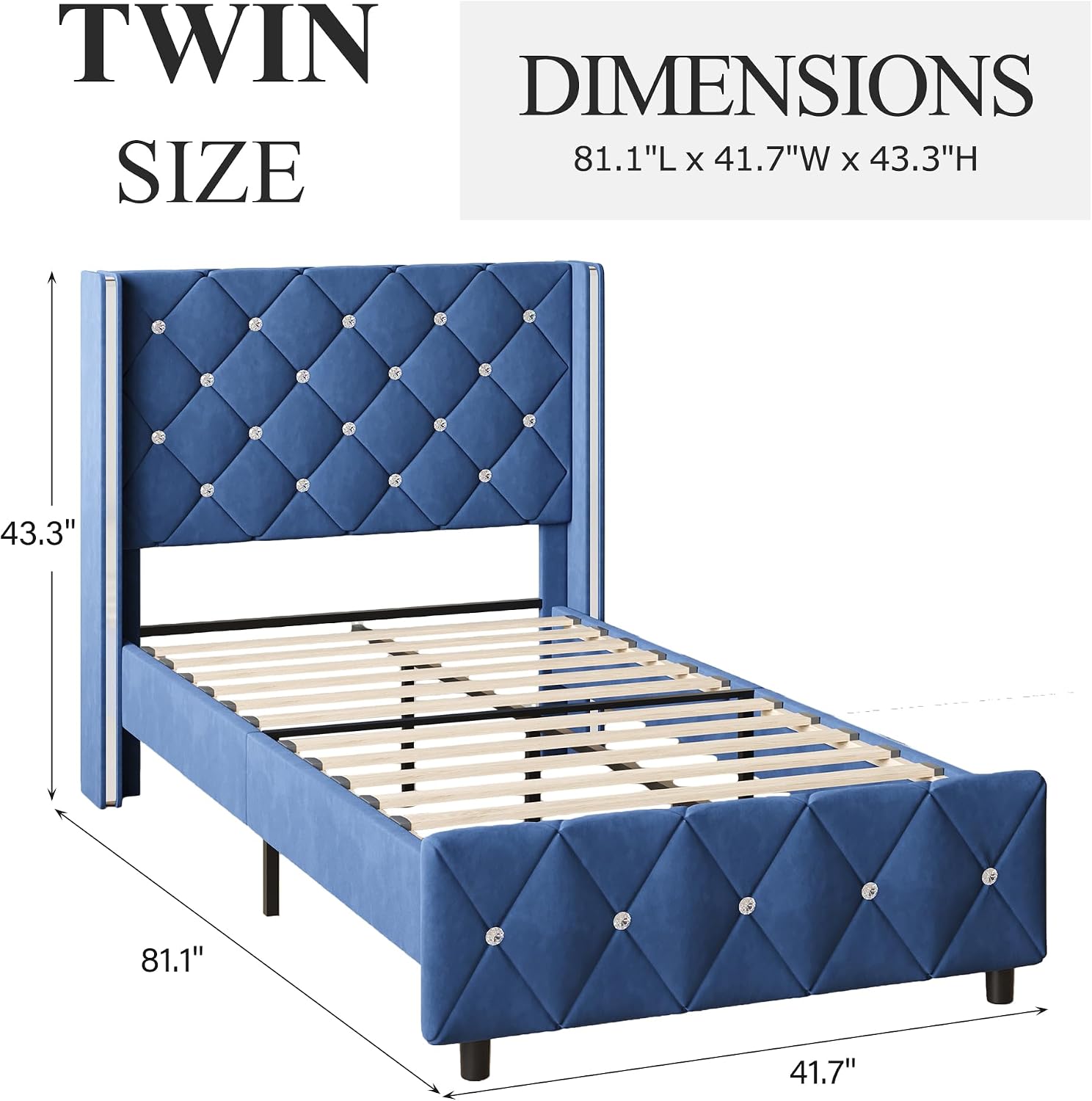 Lullabyre Twin Size Bed Frame, Upholstered Bed Frame with Diamond Tufted Headboard, Modern Silverside Wingback, No Box Spring Needed, Easy Assembly, Blue