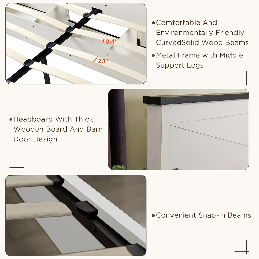 JXQTLINGMU 3 Pieces Farmhouse Bedroom Set-Queen Size Bed with 2 Nightstands of Sliding Barn Door Storage Cabinets, Solid Wood Slats Support, Noiseless, No Box Spring Needed, Off White
