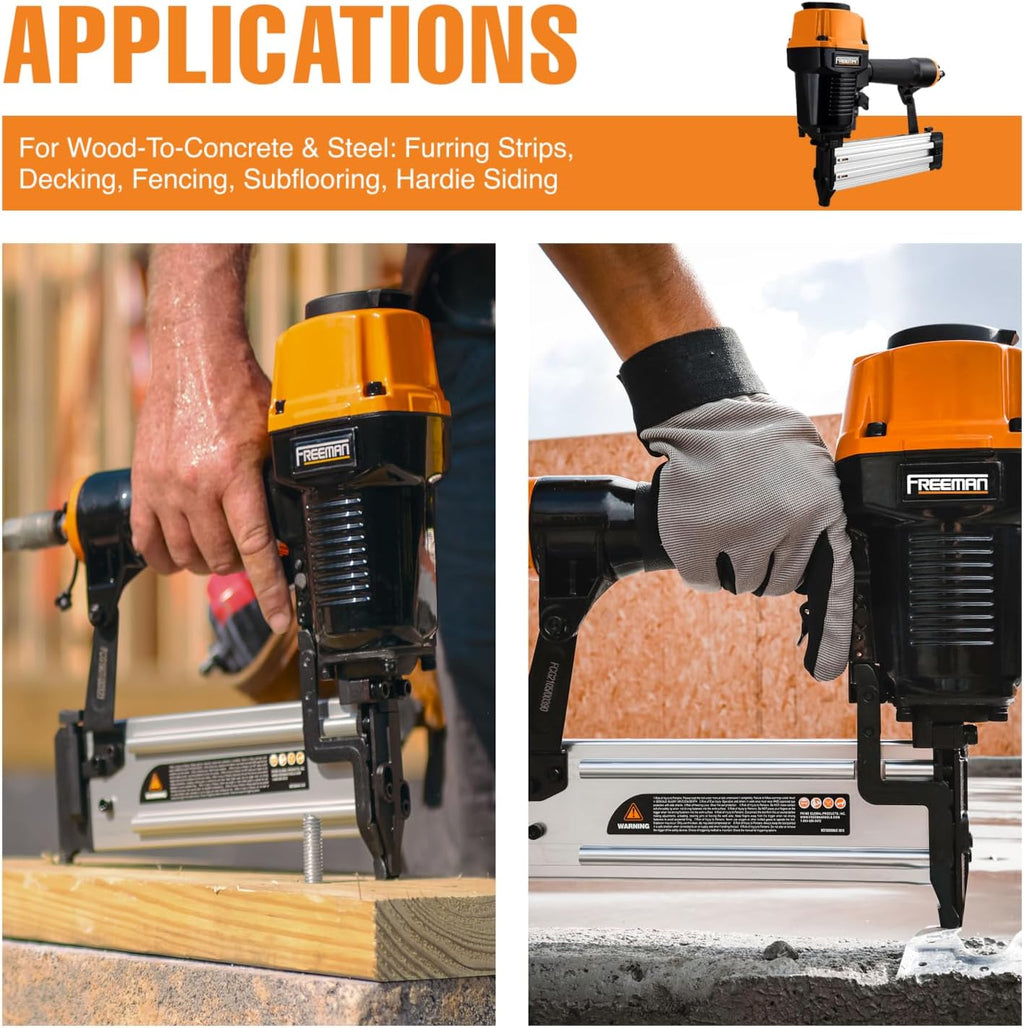 Freeman PCTN64 Pneumatic 14-Gauge Concrete T Nailer, 5/8'–2-1/2' Nails, Heavy Duty Concrete & Steel Nail Gun for Plywood, Decking, Furring, Fencing, Subflooring, Siding, and Soffits